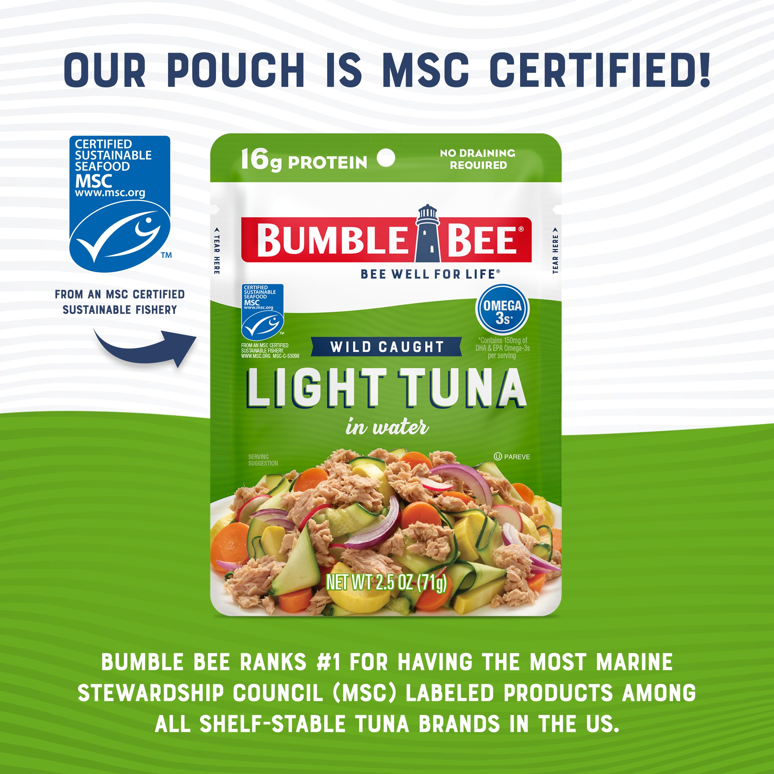 Bumble Bee Chunk Light Tuna in Water, 2.5 oz Pouch - Wild Caught Skipjack Tuna, Ready to Eat, High Protein (16g per Serving) - MSC Certified Sustainable Seafood, Non-GMO, Gluten Free, Kosher - Perfect for Lunches, Camping & Emergency Food Supplies