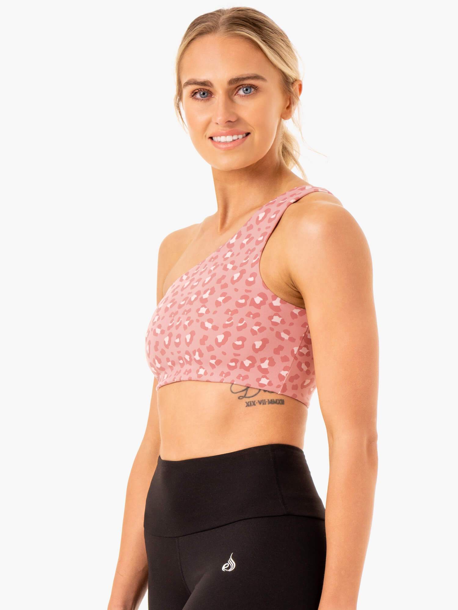 Adapt One Shoulder Sports Bra - Pink Leopard Print Workout Top for Women | Yoga, Running & Gym Fitness Apparel