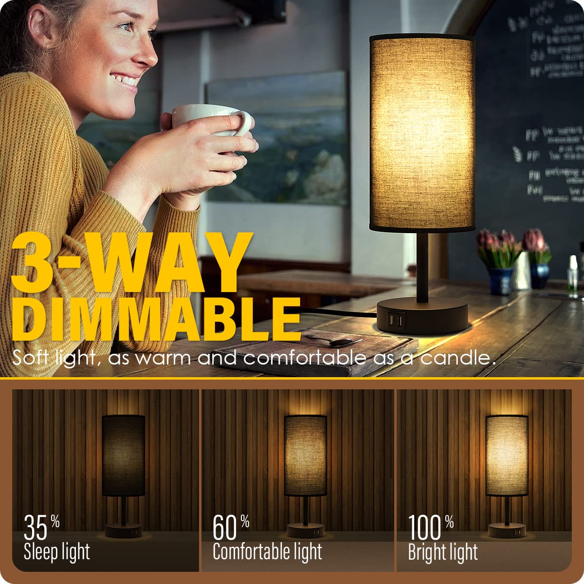 Yarra-Decor Modern Touch Control Bedside Lamp with USB Port - 3-Way Dimmable LED Nightstand Lamp with Black Fabric Shade for Bedroom, Living Room, Home Office & Dorm (Perfect for Reading, Relaxing & Charging Devices)