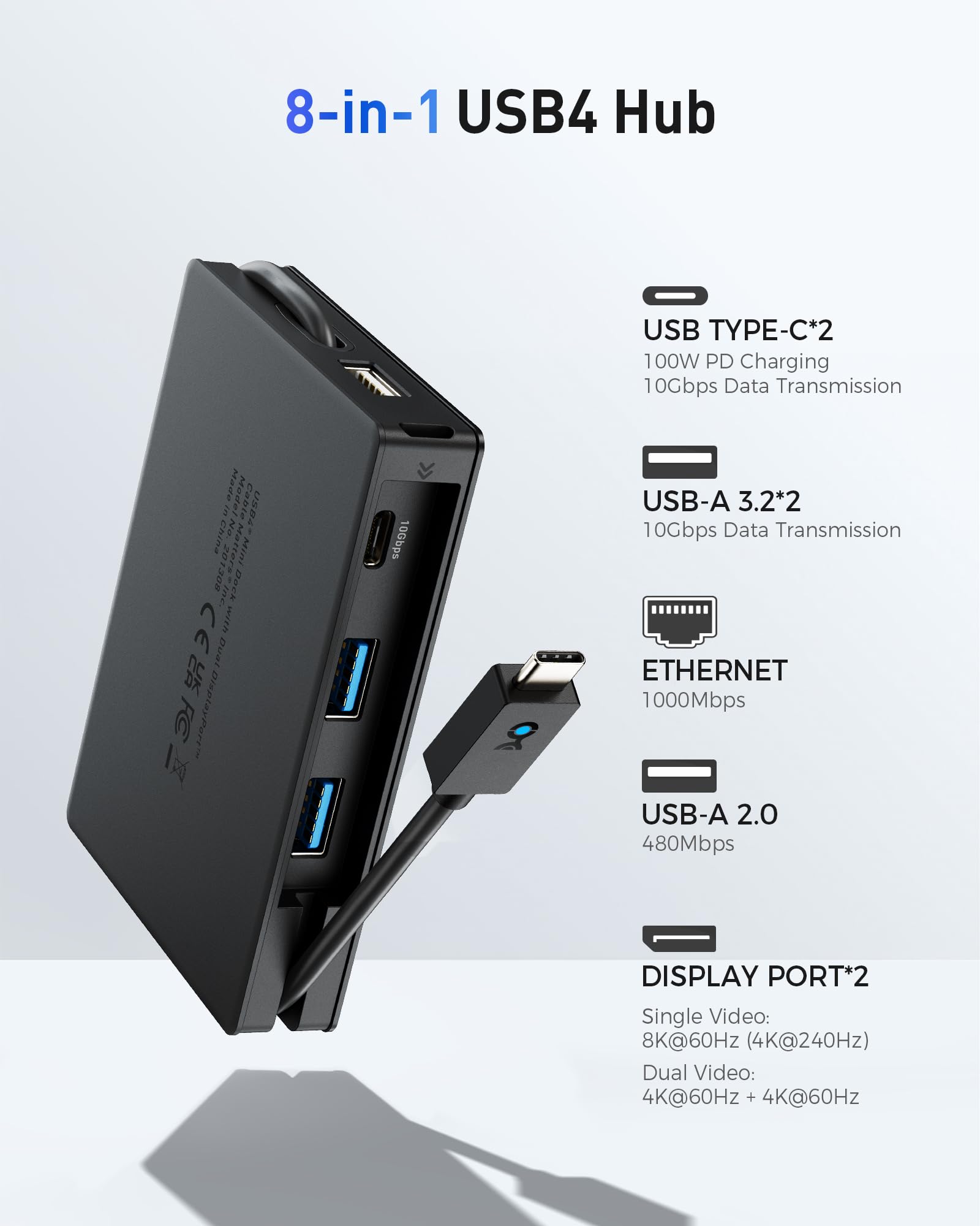 Cable Matters 8-in-1 USB4 Hub with 40Gbps Speed | Dual 4K@60Hz & Single 8K@60Hz DisplayPort | 100W PD Charging | Gigabit Ethernet | Thunderbolt 4 Compatible for XPS, Surface Pro, iPad Pro | Perfect for Home Office & Gaming Setup