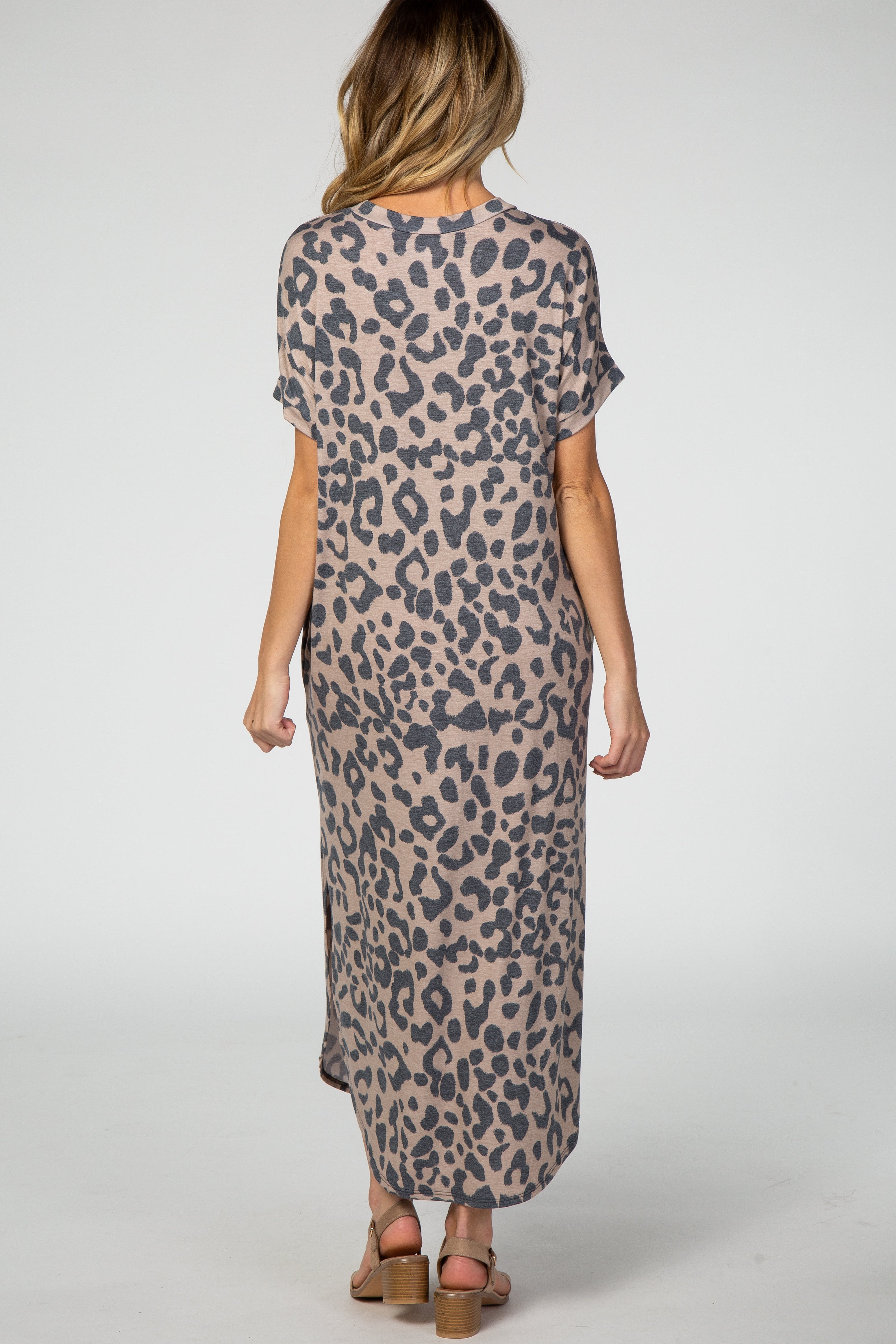 Beige Leopard Print V-Neck Maternity Maxi Dress for Pregnancy - Comfortable Stretchy Flowy Nursing Dress for Moms, Perfect for Baby Showers, Maternity Photos & Breastfeeding