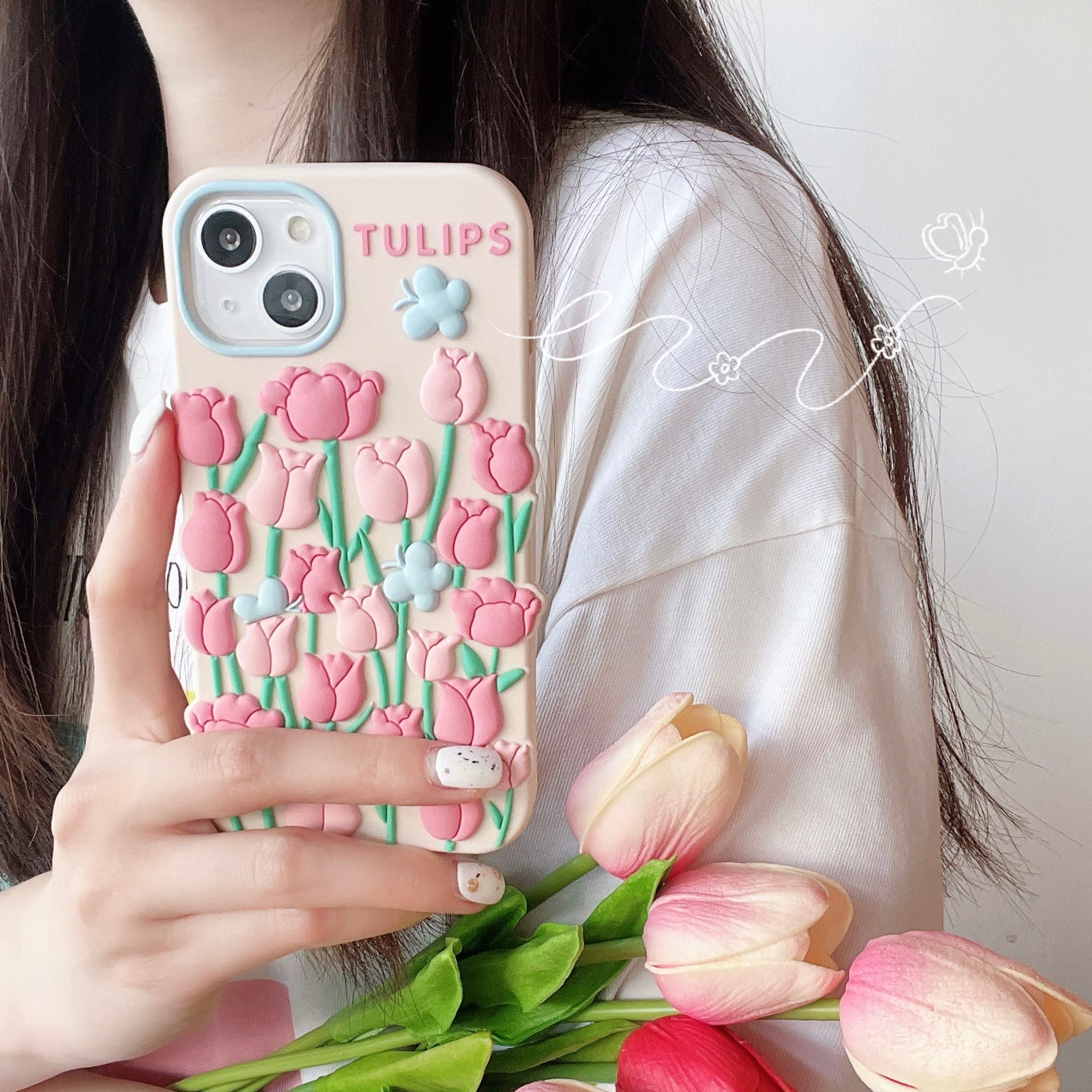 3D Tulip Flower Butterfly Cute Soft Silicone Shockproof iPhone 11 Pro Max Case with Lanyard - Kawaii Cartoon Phone Cover for Women, Perfect for Daily Use, Travel & Gift Giving