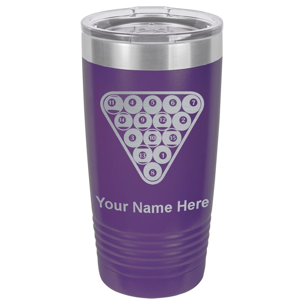 20oz Custom Engraved Tumbler Mug with Billiard Ball Design - Insulated Stainless Steel Cup for Coffee, Tea & Cold Drinks - Perfect Gift for Pool Players & Billiards Lovers (Dark Purple)