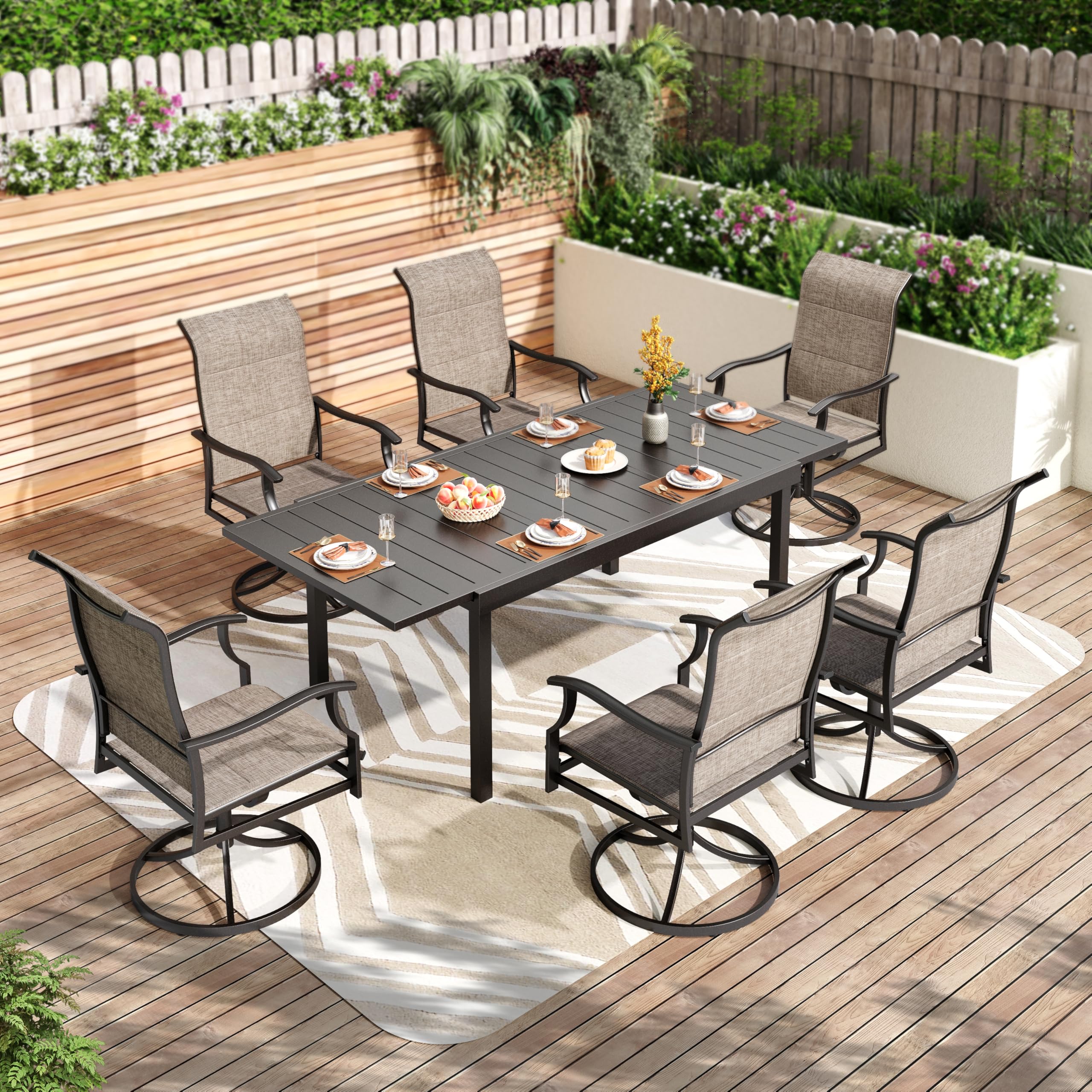 PHI VILLA 7-Piece Outdoor Patio Dining Set with 6 High-Back Swivel Chairs & Extendable Metal Table - Seats 6-8 People - Perfect for Garden, Lawn, Backyard, and Poolside Entertaining