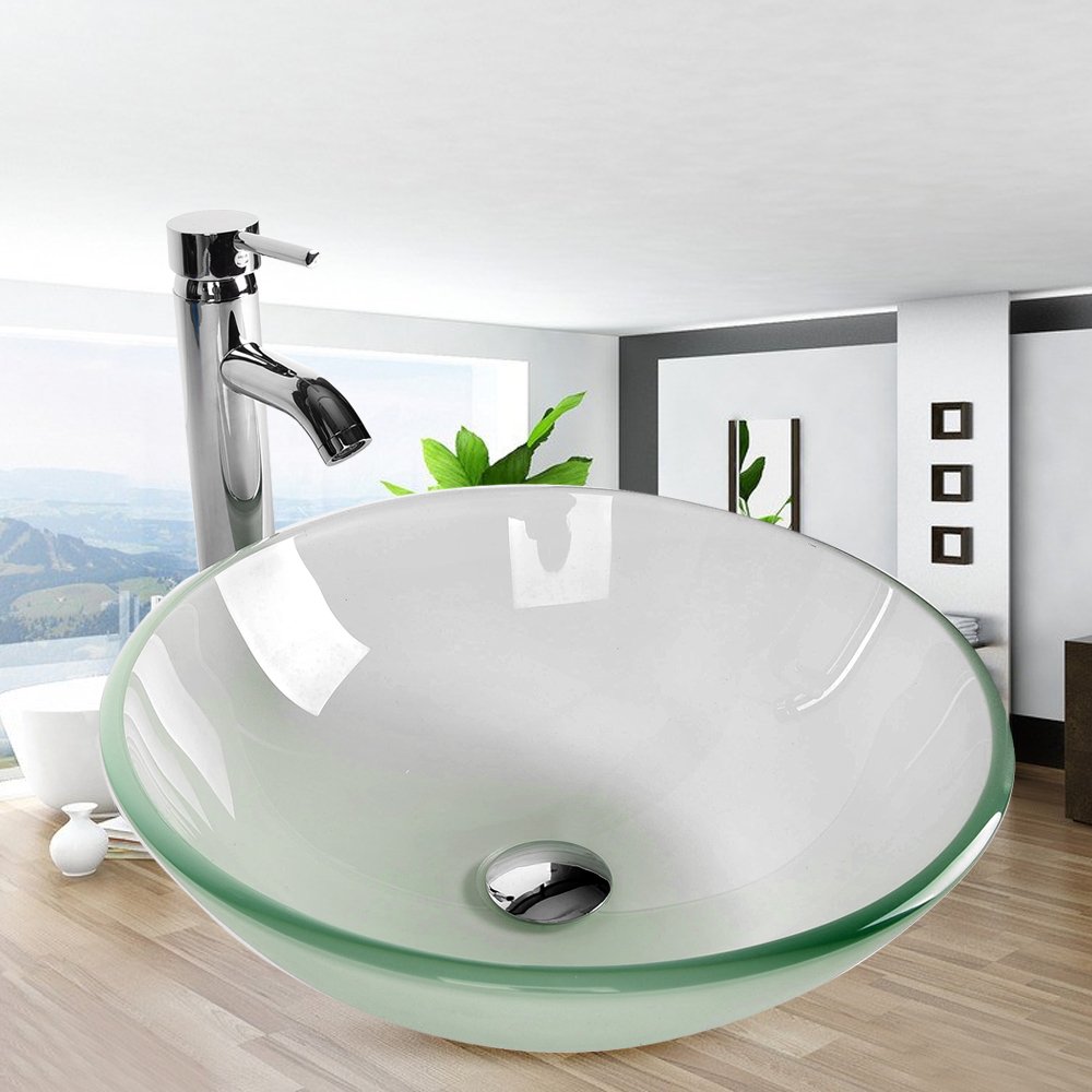 ARTETHYS Modern Chrome Bathroom Vessel Sink with Faucet Combo - 1.5 GPM Water-Saving Pop-Up Drain - Frosted Tempered Glass Vanity Sink for Contemporary Bathrooms & Powder Rooms