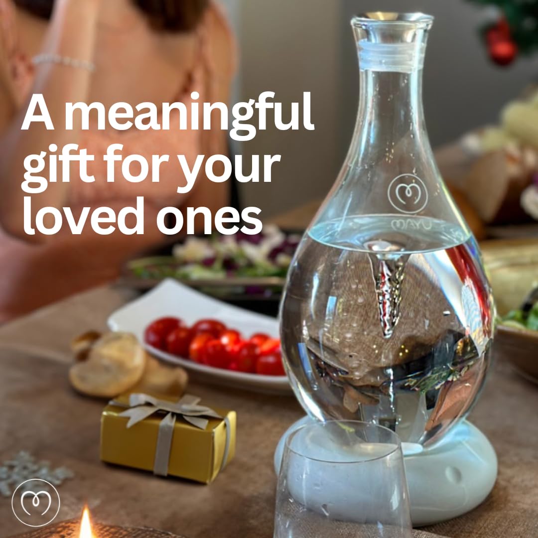 MAYU Swirl Structured Water Carafe - 1.5L Handblown Glass Pitcher with Vortex Technology | Reverse Osmosis Filter Aerating Dispenser | Graystone Base Design for Dining Table & Kitchen Counter