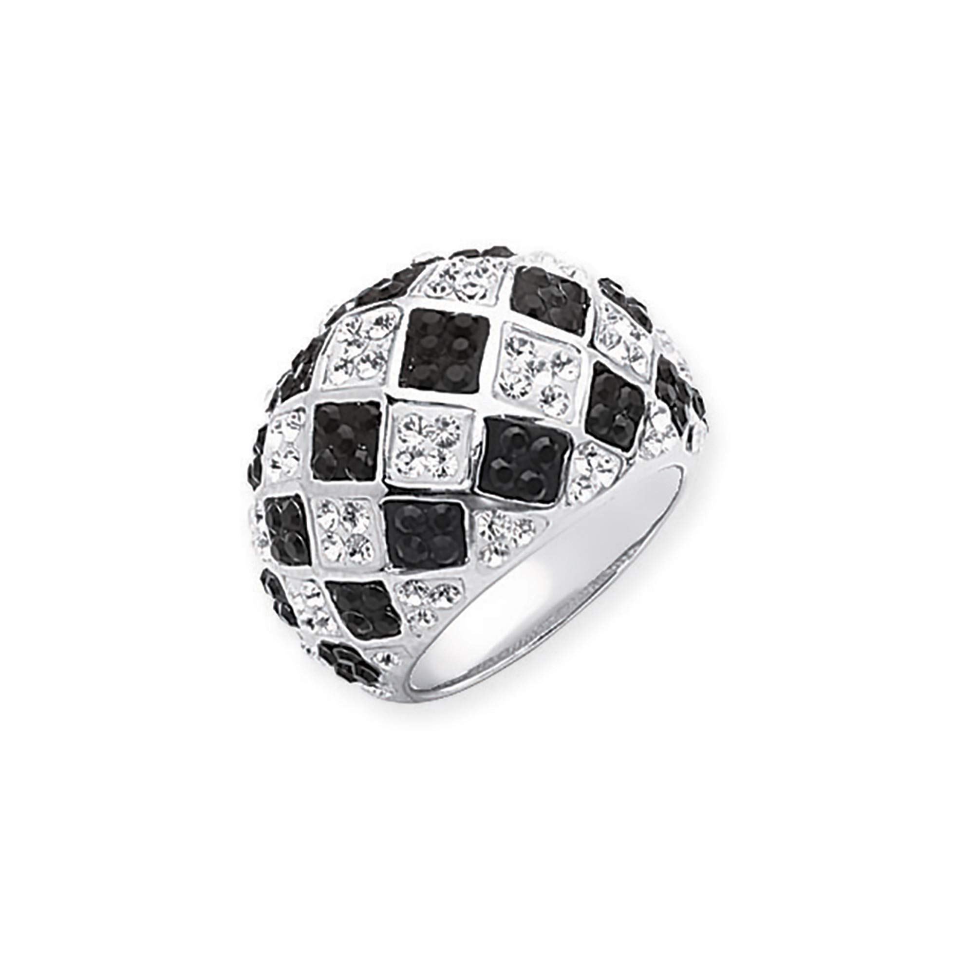 TONYS JEWELRY CO. Sterling Silver Checkerboard Ring with Black & Clear Crystals - Elegant Stackable Ring for Women, Perfect for Everyday Wear, Date Nights & Special Occasions