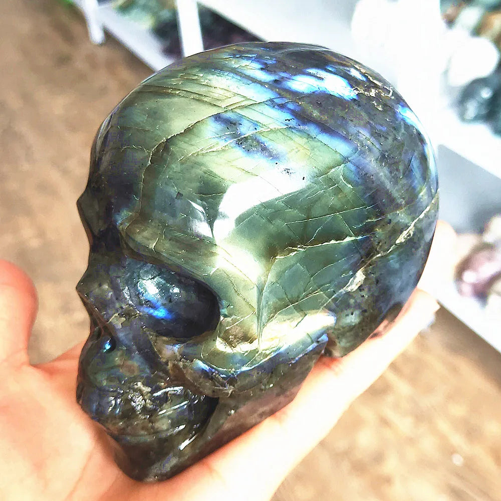 Natural Labradorite Crystal Skull - 500g 1.7lb Reiki Healing Stone, Meditation & Spiritual Decor for Home, Office, Yoga Studio