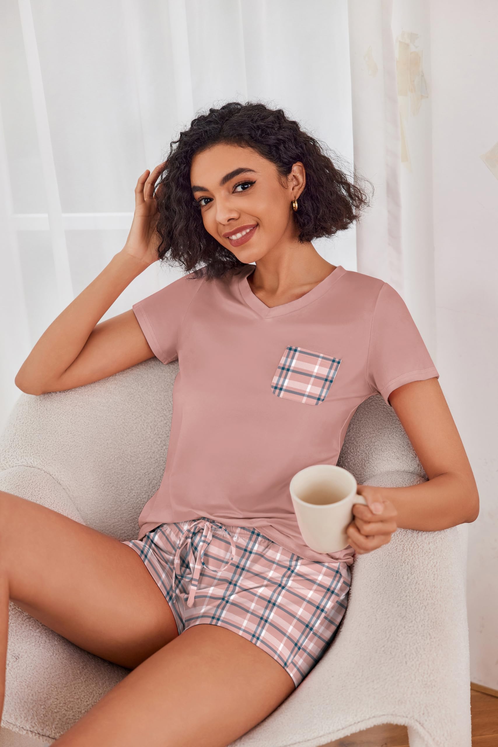 Ekouaer Women's Pajama Sets - Soft Short Sleeve Sleepwear with V-Neck, Comfortable Lounge PJS for Women | Perfect for Sleeping, Lounging & Relaxing at Home