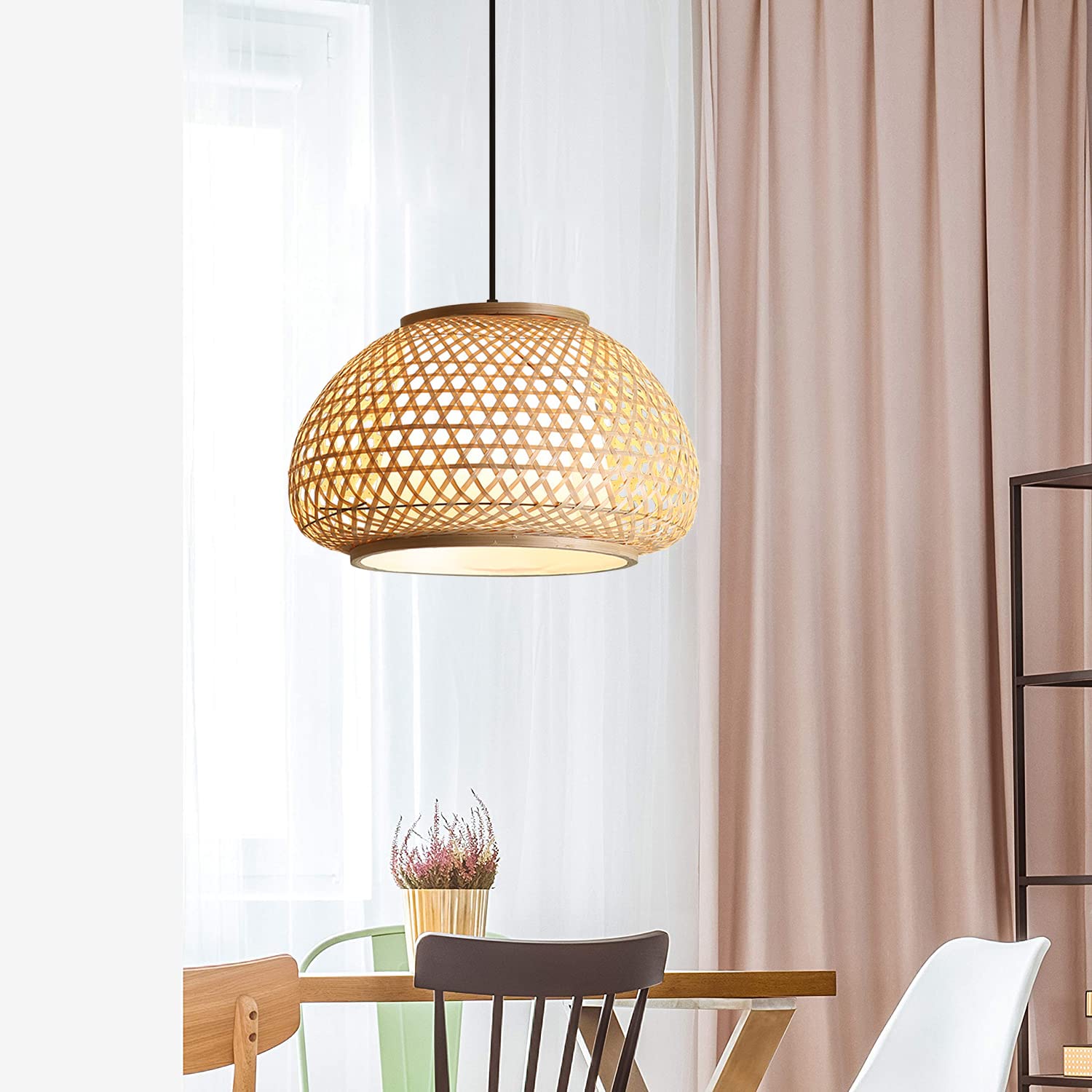 KWOKING Handmade Retro Bamboo Dome Flush Mount Ceiling Light - 19.5