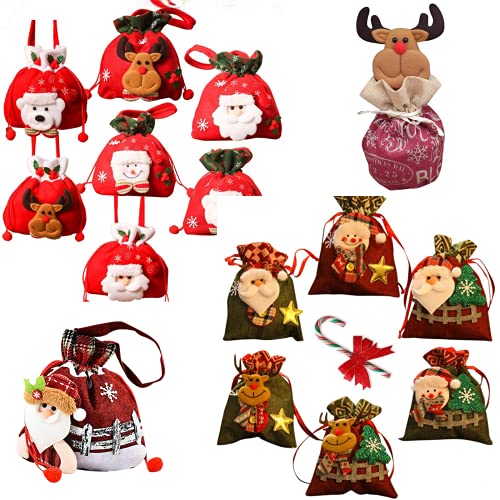Sothread(TM) Christmas Drawstring Gift Bags - Santa, Elk & Snowman Themed Xmas Candy Pouch Treat Bags for Holiday Party Favors, Stocking Stuffers & Gift Wrapping (Set of 10) | Perfect for Christmas Parties, Classroom Treats & Secret Santa Exchanges