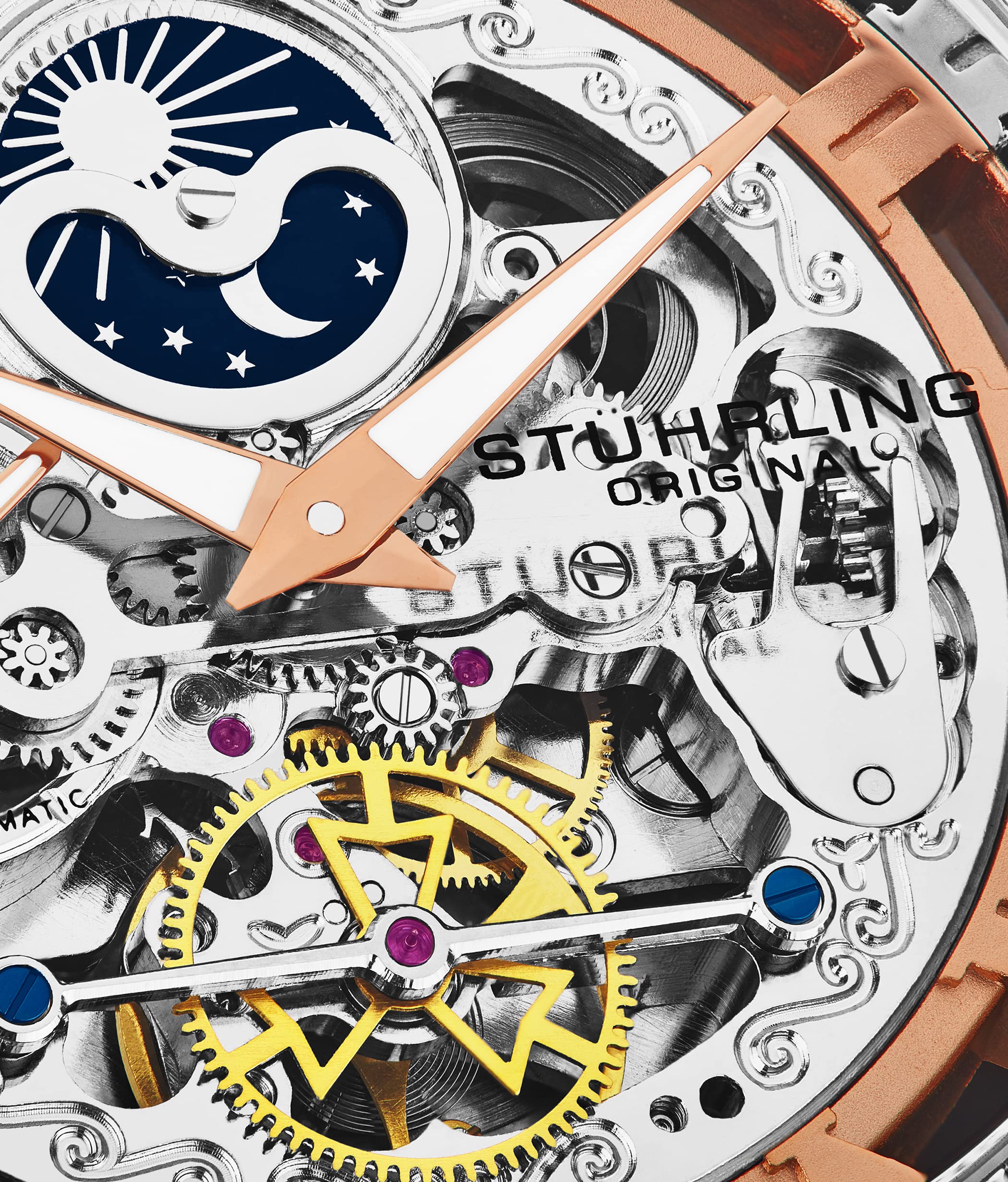 Stuhrling Original Men's Automatic Skeleton Watch - Silver Stainless Steel Bracelet, Dual Time, AM/PM Sun Moon Display - 3922 Collection | Perfect for Business, Formal Events & Luxury Gifts