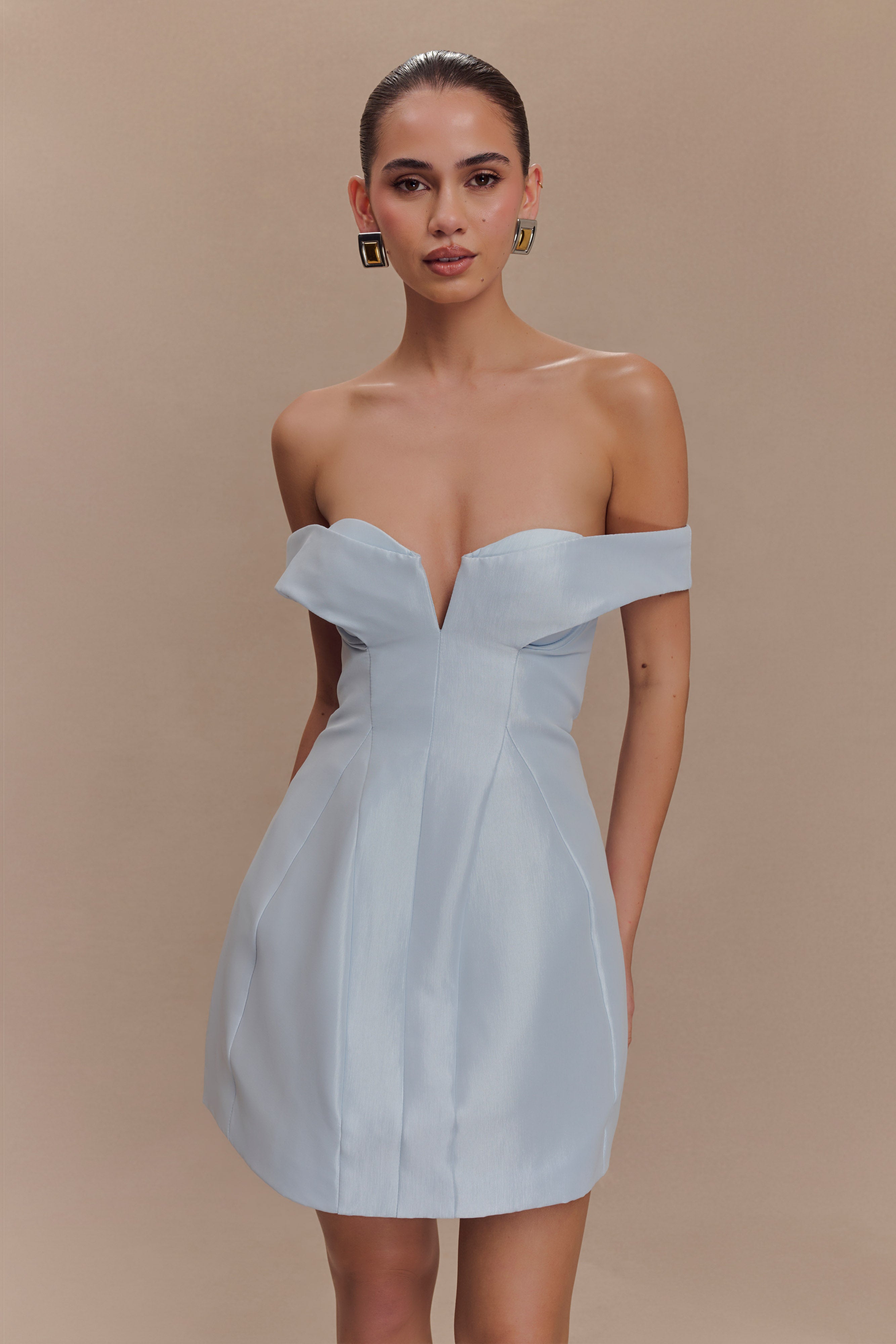 Diana Off Shoulder Mini Dress in Powder Baby Blue - Flirty Summer Party & Beach Outfit for Women