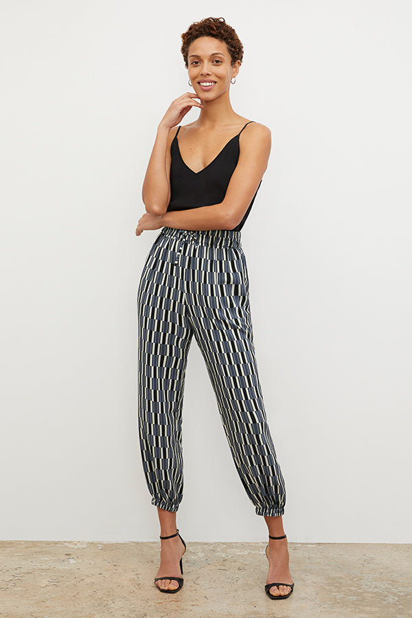 Amelia Jogger Pants - Arpeggio Print Washable Silk Joggers in Blue & Black | Comfortable Lounge Pants for Women | Perfect for Yoga, Travel & Casual Wear