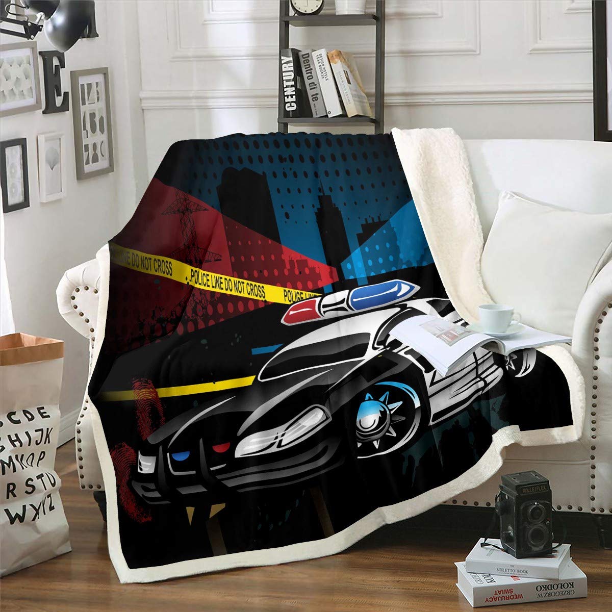 Police Car Plush Fleece Throw Blanket 50x60 Inches - Ultra Soft Sherpa & Faux Fur Dual-Sided Design - Perfect for Couch, Bed, Sofa - Police Themed Decor Gift for Kids & Adults - Great for Movie Nights, Camping & Winter Warmth