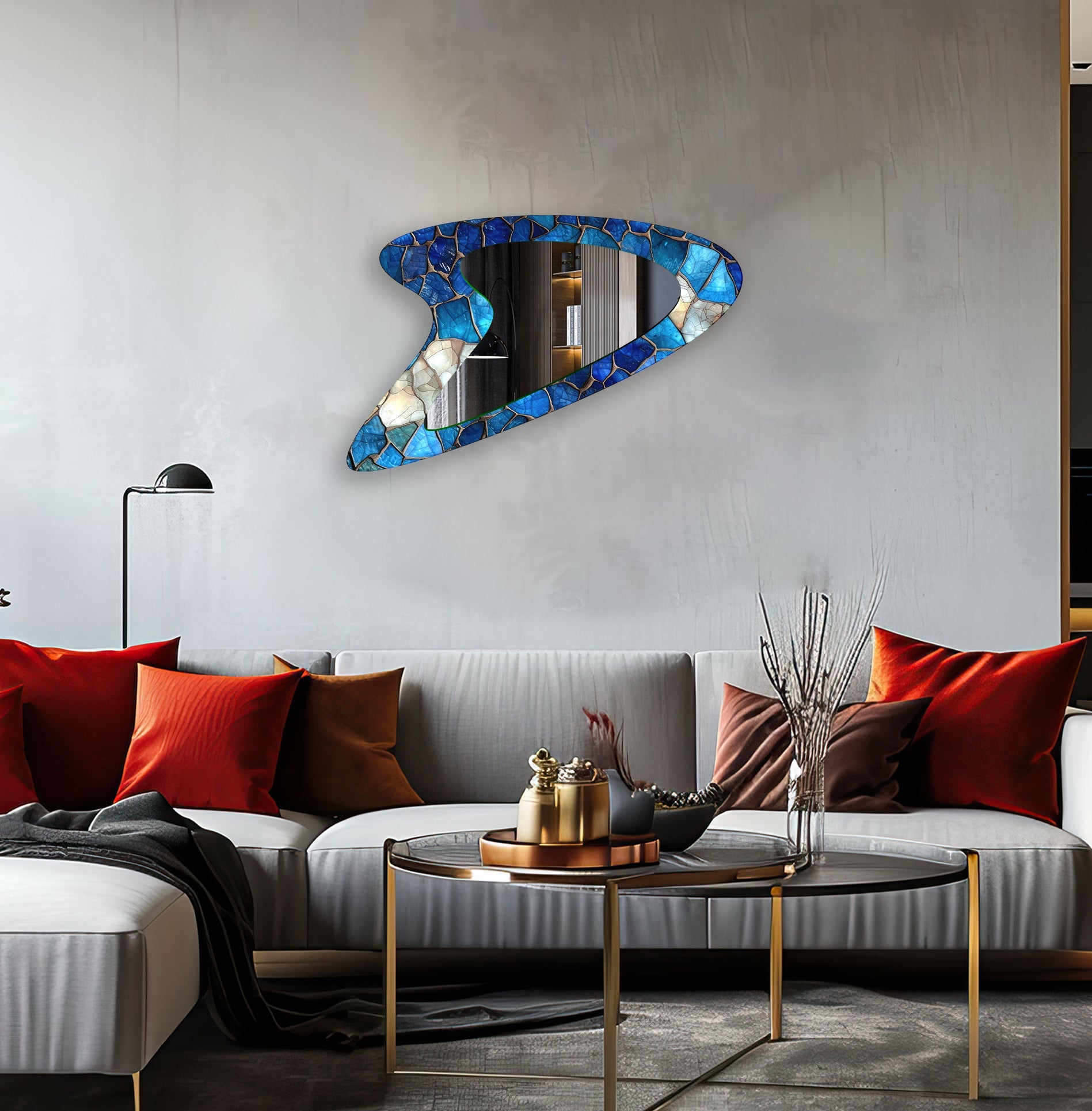 Blue Stained Modern Glass Wall Mirror - Elegant Home Decor for Living Room, Bedroom & Entryway - Perfect for Adding Style & Depth to Any Space