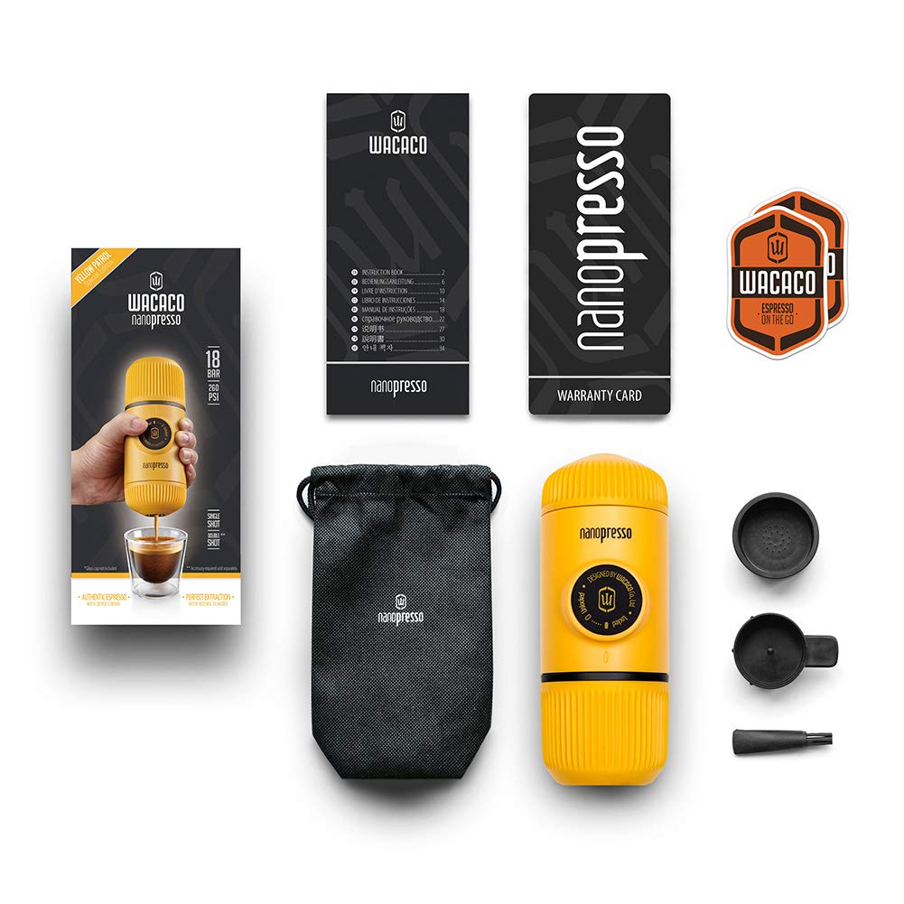 WACACO Nanopresso Portable Espresso Maker - 18 Bar Pressure Manual Coffee Machine for Travel, Camping & Hiking | Upgrade Version of Minipresso | Compact & Lightweight | Perfect for Outdoor Adventures, Office & Home Use | Yellow