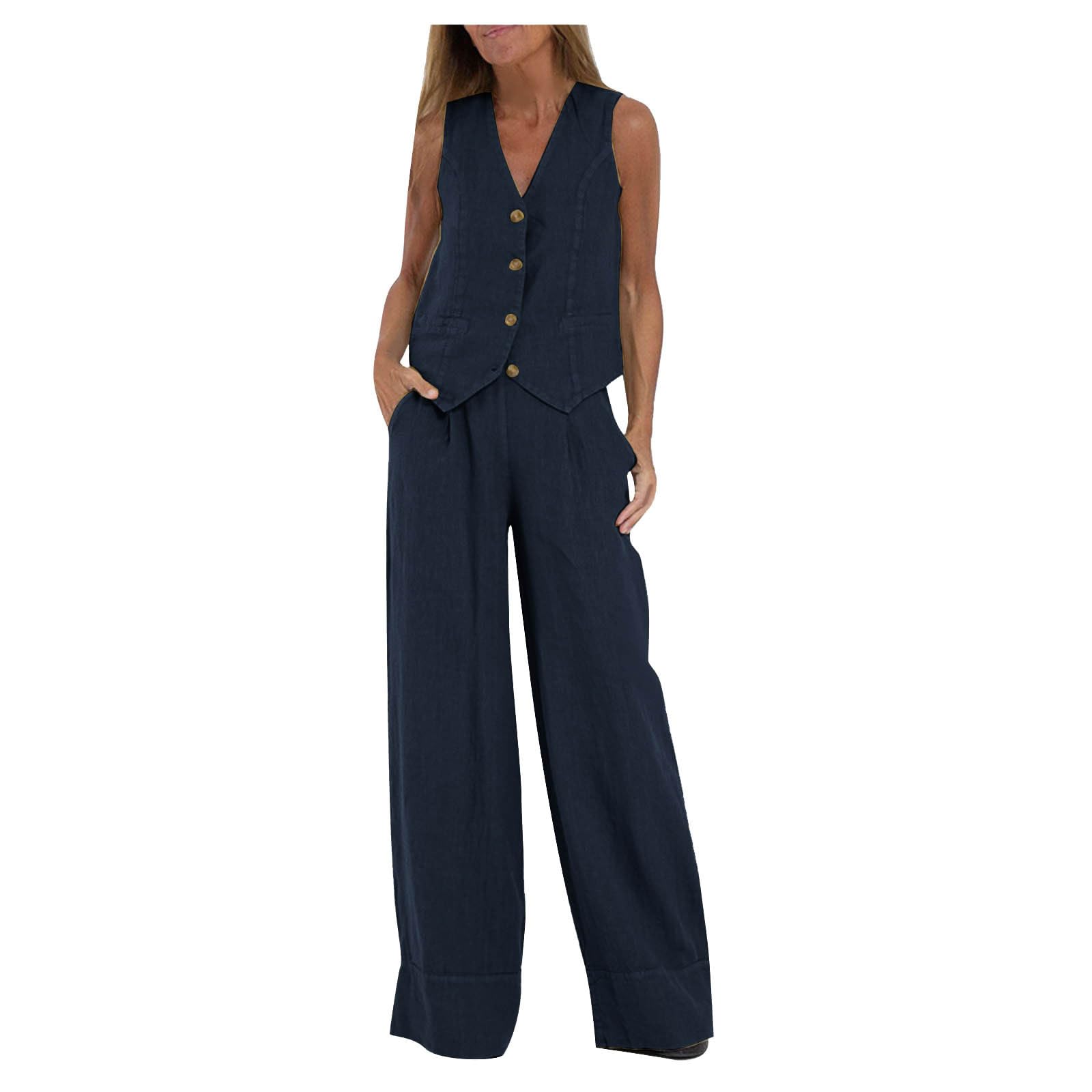 Trendy 2024 Women's Linen Lounge Set - Button Vest & Long Pants 2-Piece Outfit for Summer Vacation & Travel | Comfortable Casual Wear for Beach, Home Relaxing
