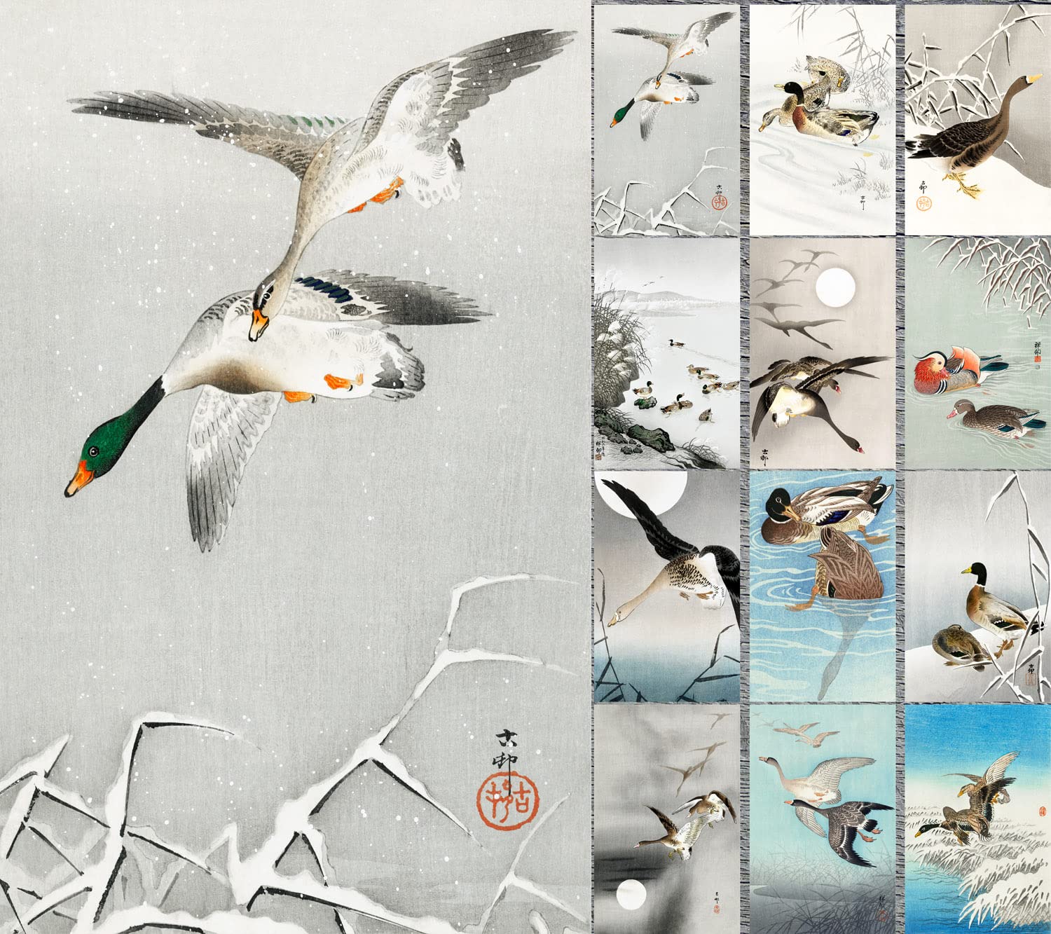 PIXILUV DUCKS 12-Pack Large Folded Greeting Cards - KOSON OHARA Antique Japanese Woodblock Art, Vintage Museum Painting Collection, Nature & Wild Birds Theme | Perfect for Holidays, Birthdays, Thank You Notes & Home Decor