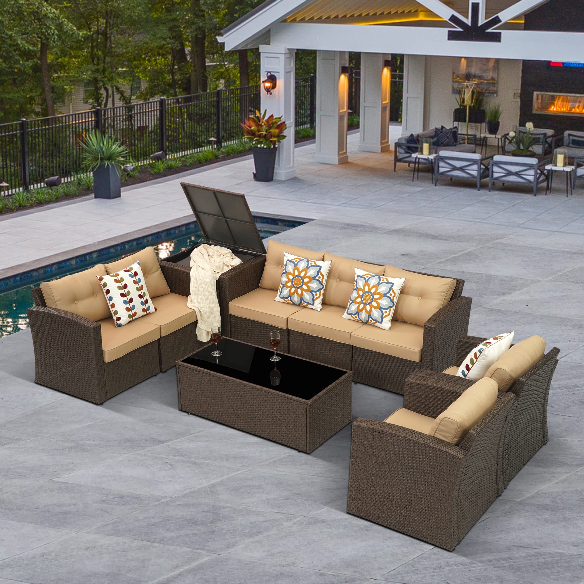 9-Piece Outdoor Patio Furniture Set - Aluminum Wicker Rattan Sectional Sofa with Storage Table, Glass Coffee Table & Armchairs (Brown/Beige) - Perfect for Backyard, Garden, Poolside & Patio Relaxation