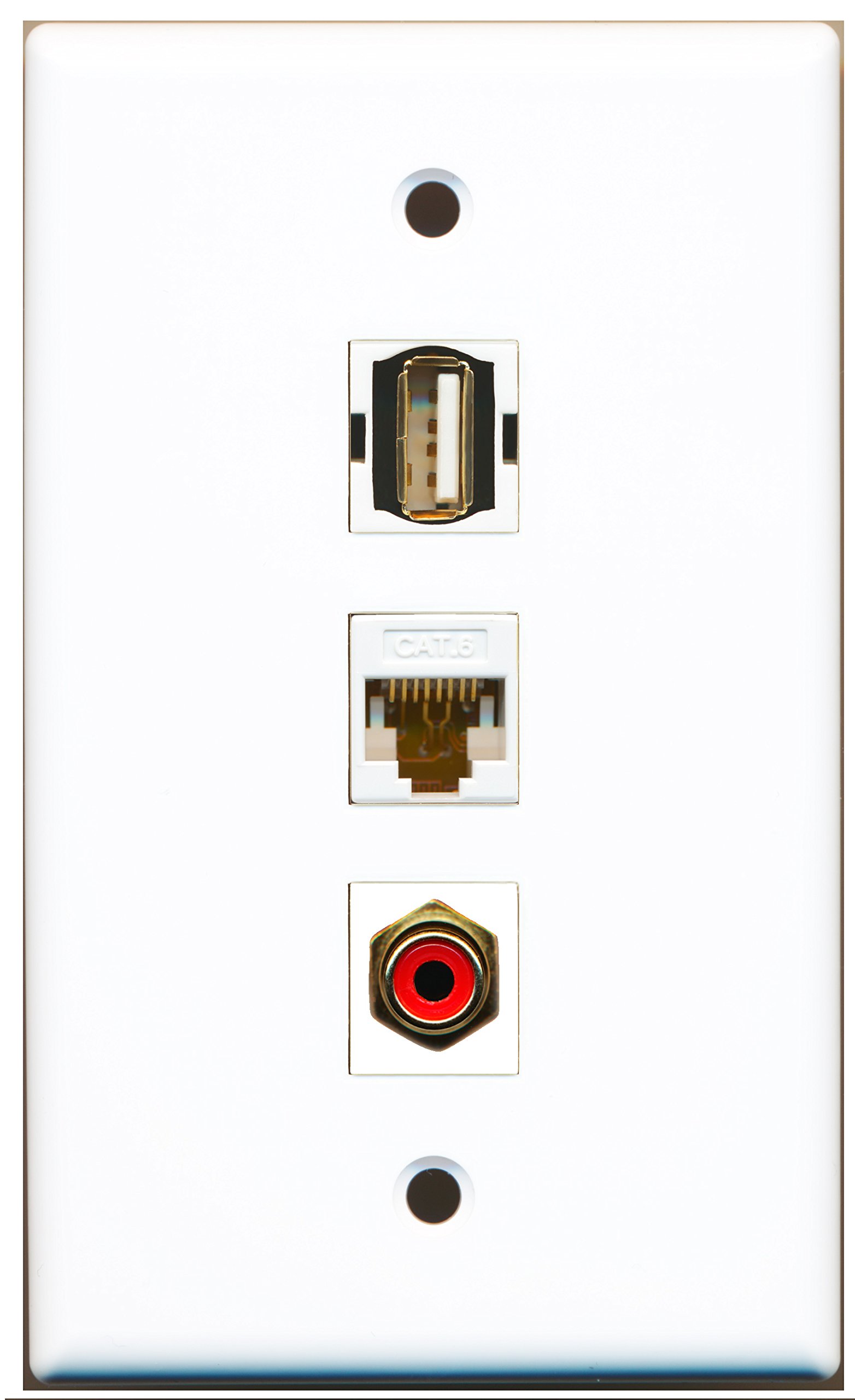 RiteAV 1 Port RCA Red, 1 Port USB A-A & 1 Port Cat6 Ethernet White Wall Plate - Home Theater & Office Networking Solution