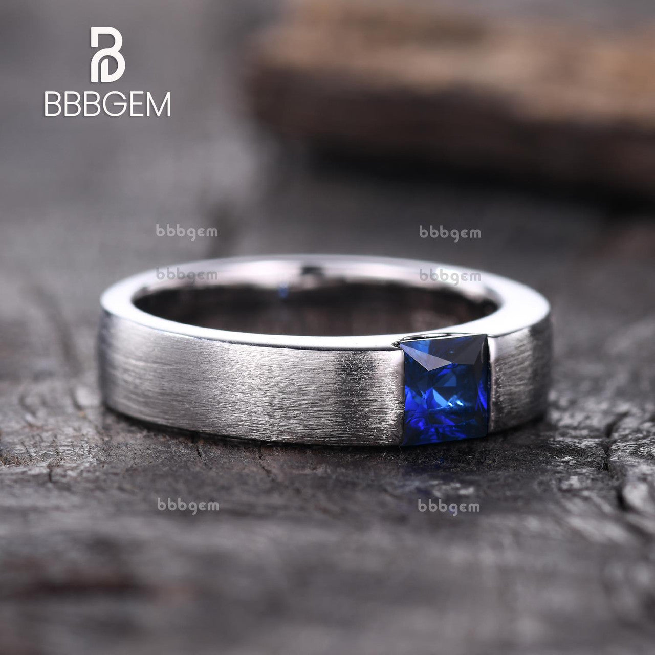Blue Sapphire Men's Ring - Princess Square Solitaire Matte Band in Brushed White Gold for Weddings & Special Occasions