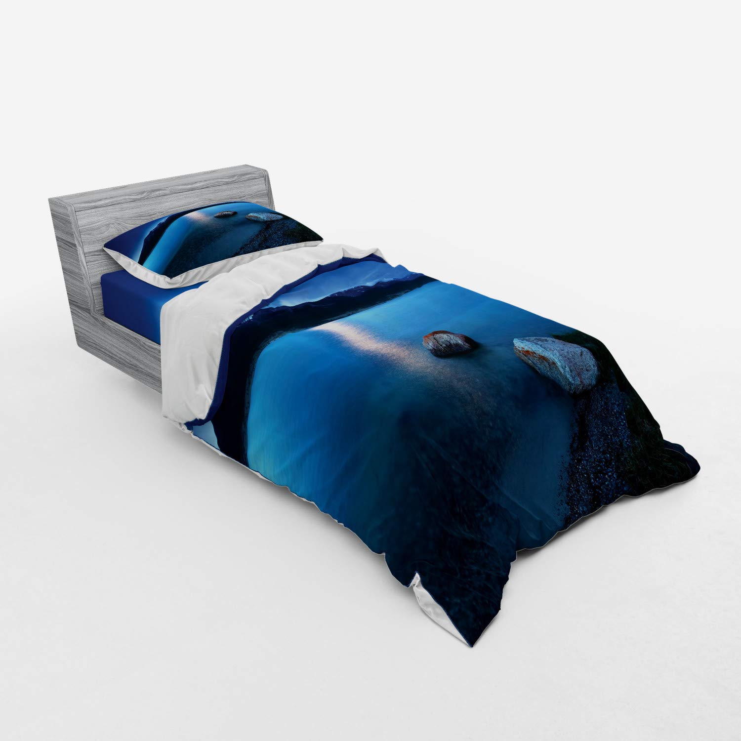 Ambesonne Lake Bedding Set - Twin Size 3-Piece Duvet Cover with Sham & Fitted Sheet, Fantasy Midnight Sky with Crescent Moon & Green Shoreline Design, Blue Grey Green - Perfect for Cozy Bedrooms, Guest Rooms & Lakeside Retreats