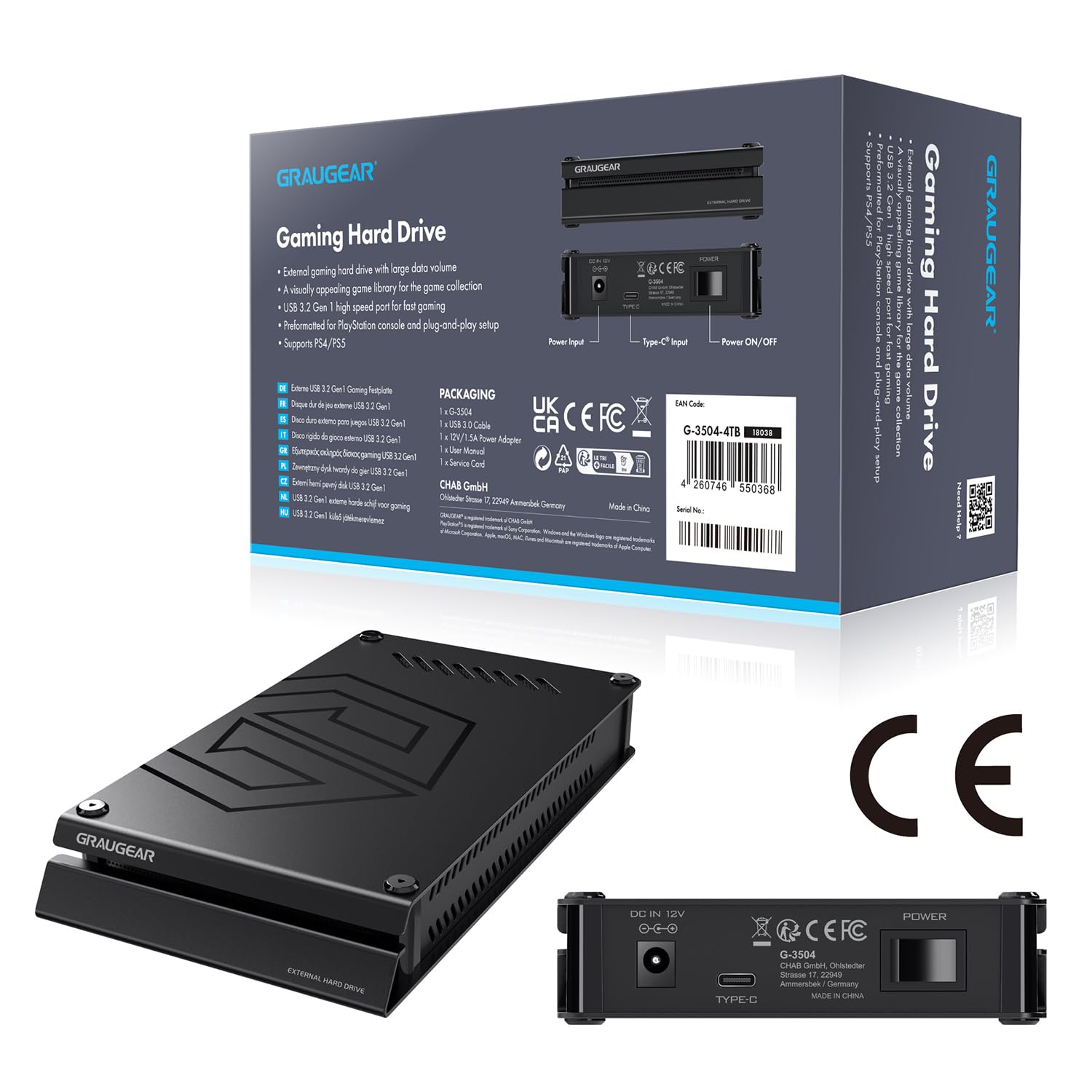 GRAUGEAR 4TB External Hard Drive Aluminum Case for Playstation - Pre-Formatted for PS4/PS5, 3.5 Inch HDD with Power Adapter - High Capacity Storage for Gaming, Media & Backup