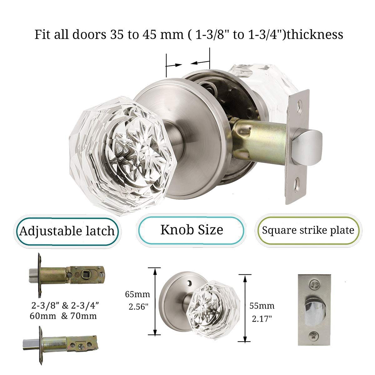 (10 Pack) Crystal Glass Door Knobs - Satin Nickel Finish Keyless Passage Knob Handles for Hallway & Closet Doors - Heavy Duty Hall & Closet Lockset - Perfect for Bedrooms, Bathrooms & Interior Doors