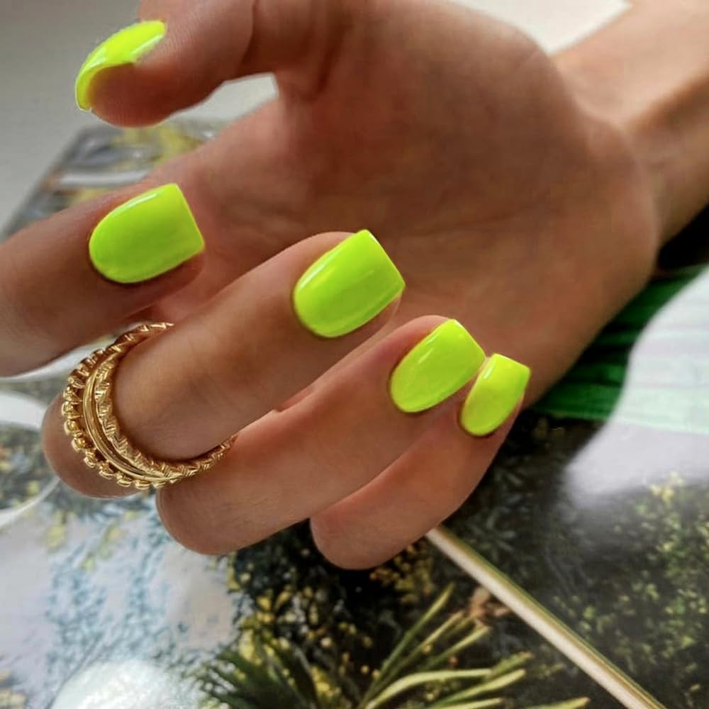 KXAMELIE Neon Green Press On Nails - Short Square Fake Nails with Protective Coat | Reusable Acrylic Nails Kit | Natural Gel Glue On Nails for Daily Wear, Parties & Special Occasions