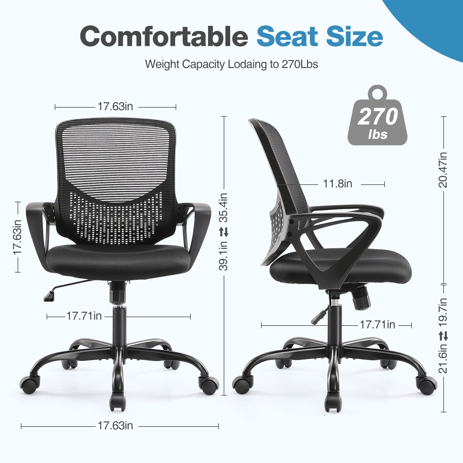 Ergonomic Home Office Chair with Lumbar Support - Adjustable Mesh Mid Back Computer Desk Chair, Swivel Rolling Task Chair with Armrests & Wheels, Black - Perfect for Long Work Hours, Gaming & Remote Work