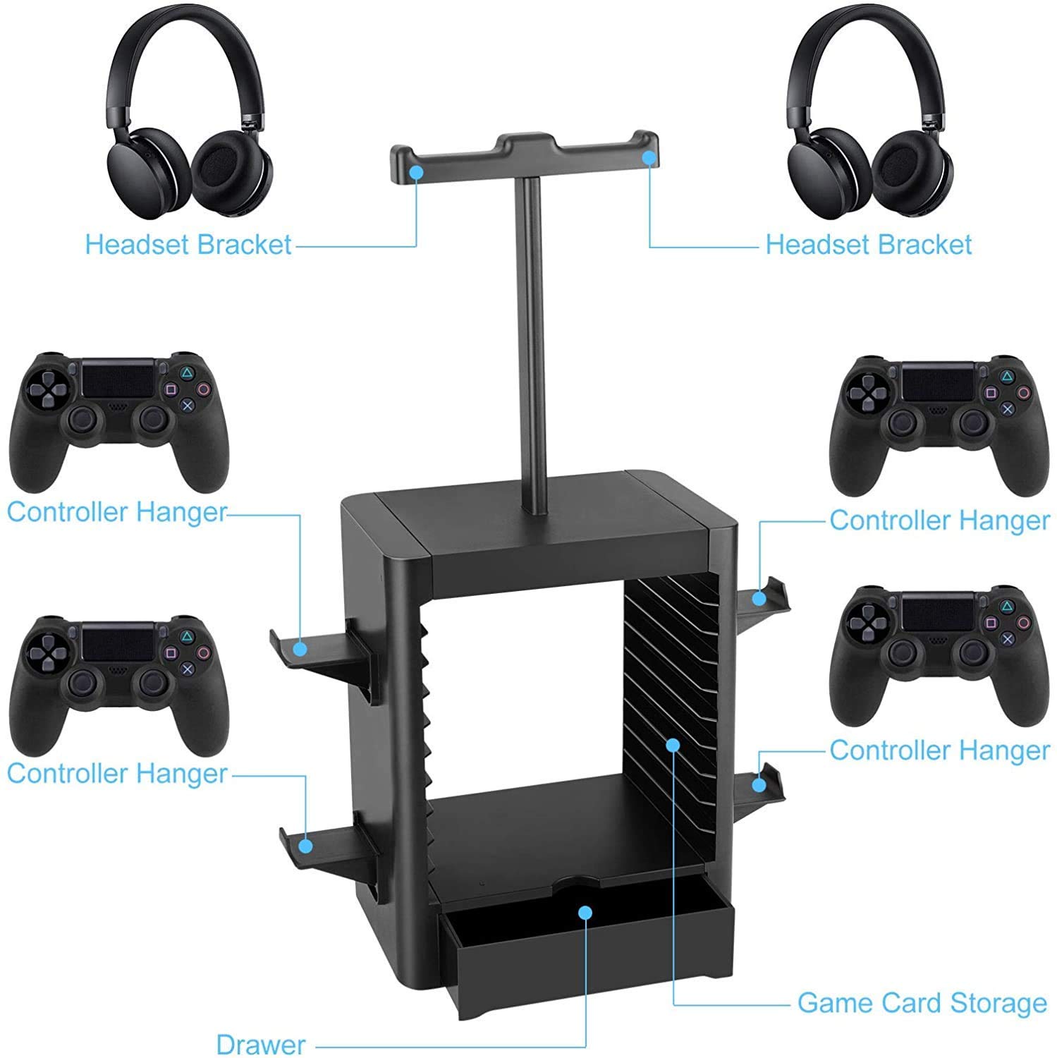 PS5 Stand with Storage Tower - Holds 10 Game Discs, 4 Controllers & 2 Headsets - Multi-Functional Organizer for PS5, PS4 & XBOX Series - Perfect for Gaming Setup & Accessories Storage