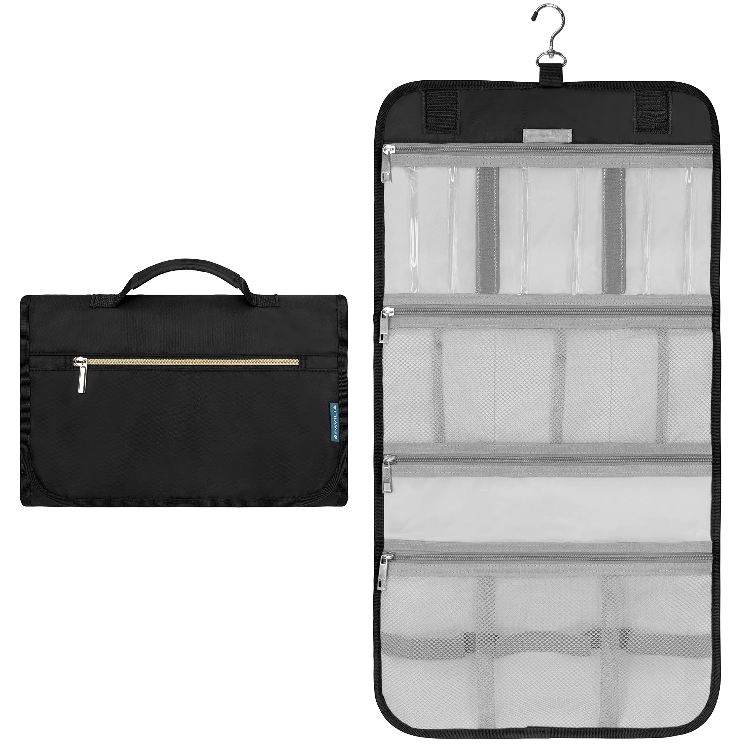 PAVILIA Hanging Toiletry Bag for Women & Men - Foldable Travel Cosmetic Organizer with Waterproof Design - Perfect for Makeup, Jewelry & Essentials Storage - Ideal for Camping, Gym & Vacation (Black)