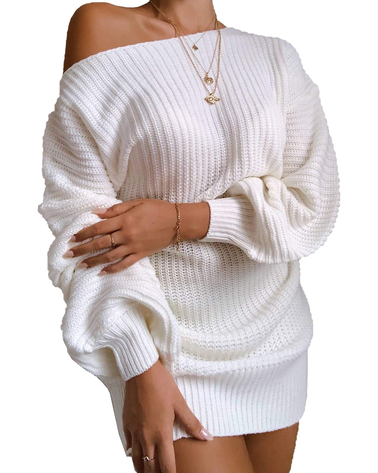 LAVANACE Women's Oversized Off-Shoulder Sweater Dress - Long Chunky Knit Pullover Jumper for Casual Wear, Fall and Winter Fashion, Date Night & Coffee Outings