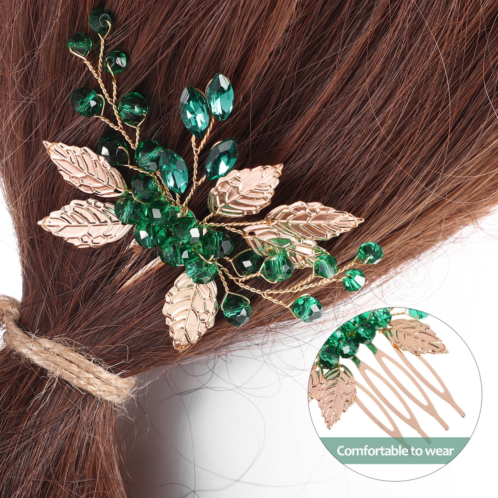 Minkissy 2Pcs Green Crystal Bridal Hair Combs - Gold Leaf Vine Hair Clips for Women & Girls | Wedding Headdress Accessories for Bridesmaids, Prom, and Special Occasions