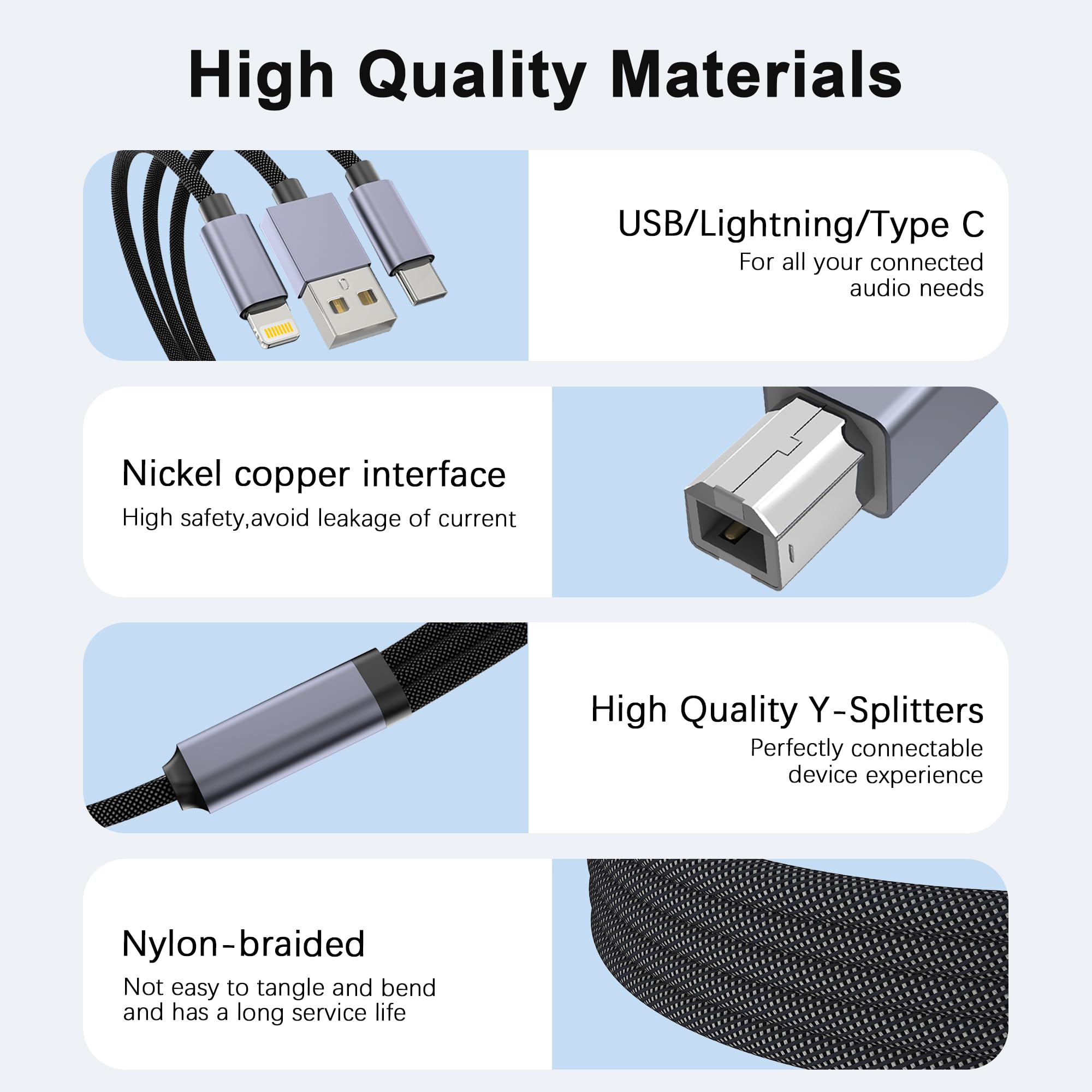 Premium MIDI USB Cable - USB A to USB B 2.0, USB C to USB B, Lightning to USB B - 3.3FT Nylon Braided for Yamaha, Casio Digital Pianos, MIDI Controllers & Printers - Compatible with MacBook Pro - Perfect for Music Production, Studio Recording & Home Office Use