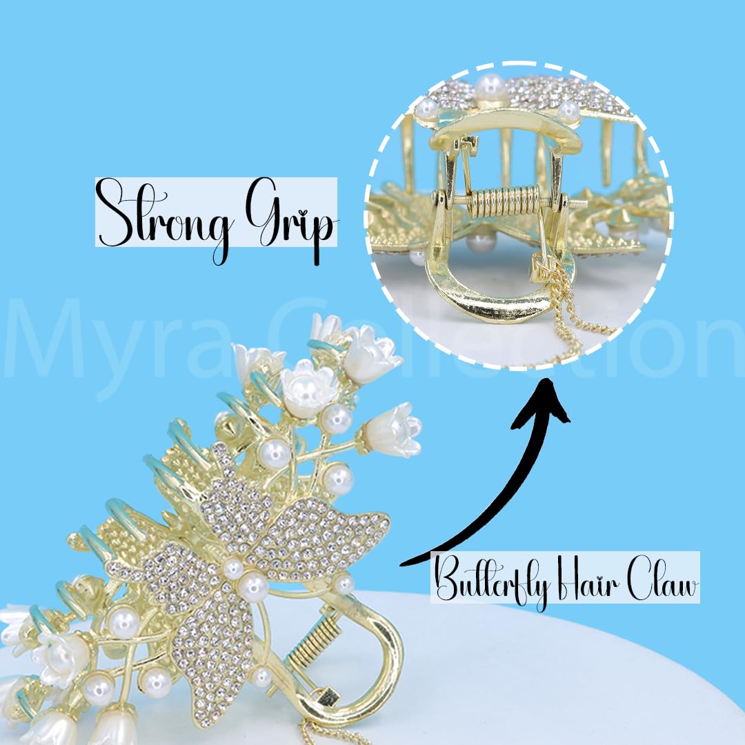 Myra Collection 1PC Gold Metal Butterfly Rhinestone Flower Hair Clip - Elegant Pearl Hair Claw for Women & Girls - Perfect for Parties, Weddings, Prom & Special Occasions
