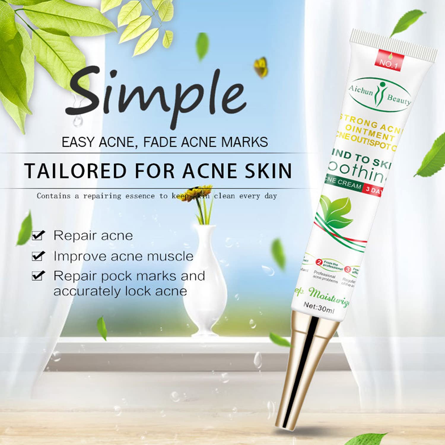 AICHUN BEAUTY Acne Treatment Cream - 30ml/1.0fl.oz Facial Cleanser for Pimple, Blackhead & Comedone Removal | Skin Repair & Oil Control | Perfect for Daily Acne-Prone Skin Care Routine