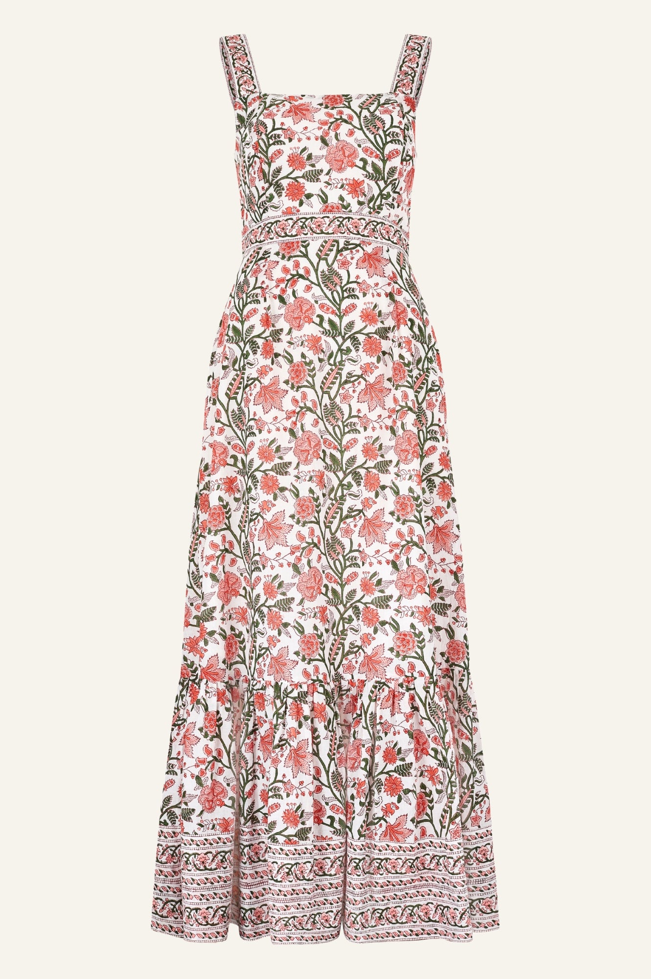 Aurelia Organic Cotton Block Print Dress - Gardenia Pink & Green Floral | Boho Summer Dress for Women | Perfect for Beach, Vacation & Casual Outings