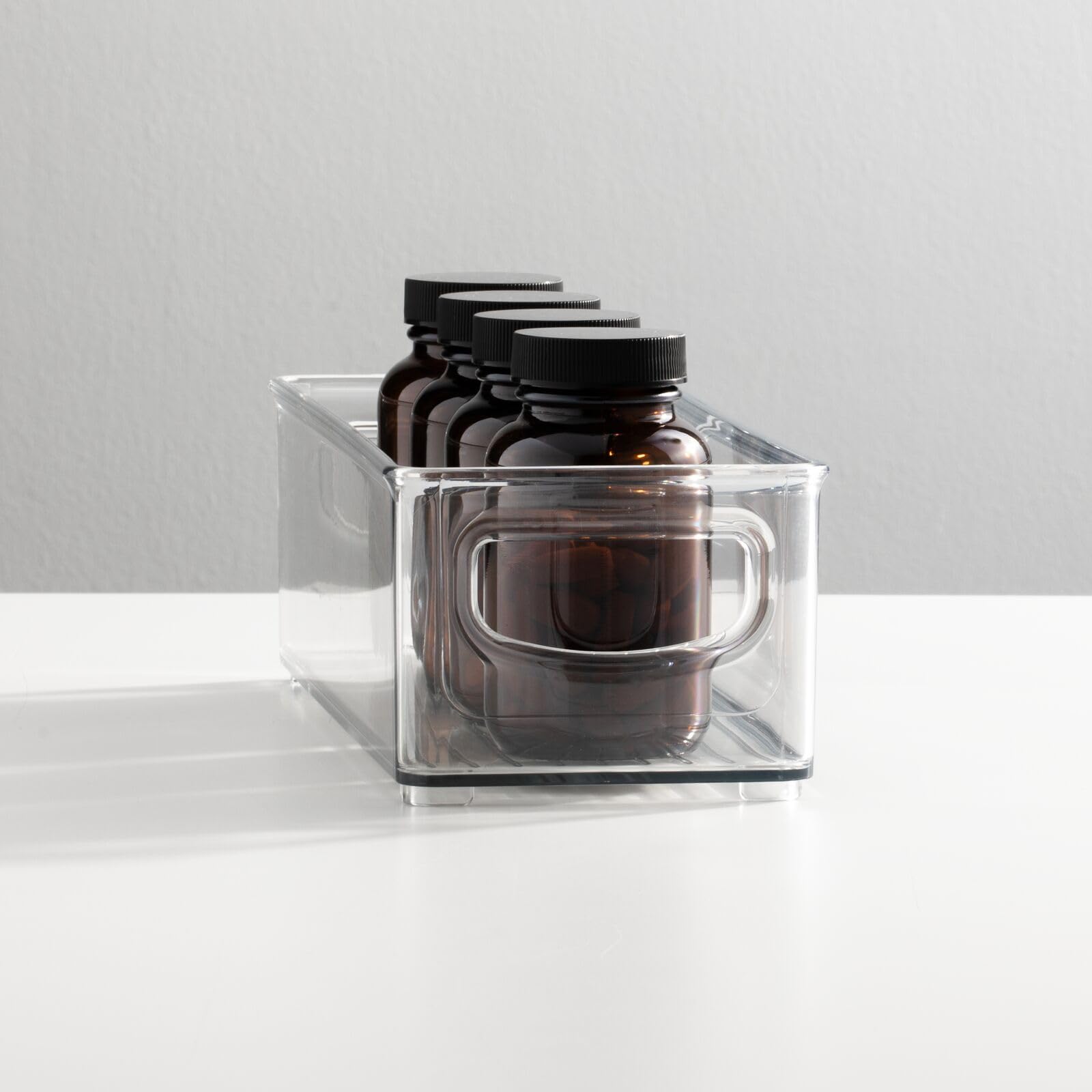 mDesign Small Plastic Bathroom Storage Bins with Handles - Organizer for Closet, Cabinet, Vanity & Cupboard - Clear Ligne Collection - Perfect for Hair Tools, Makeup & Toiletries Storage