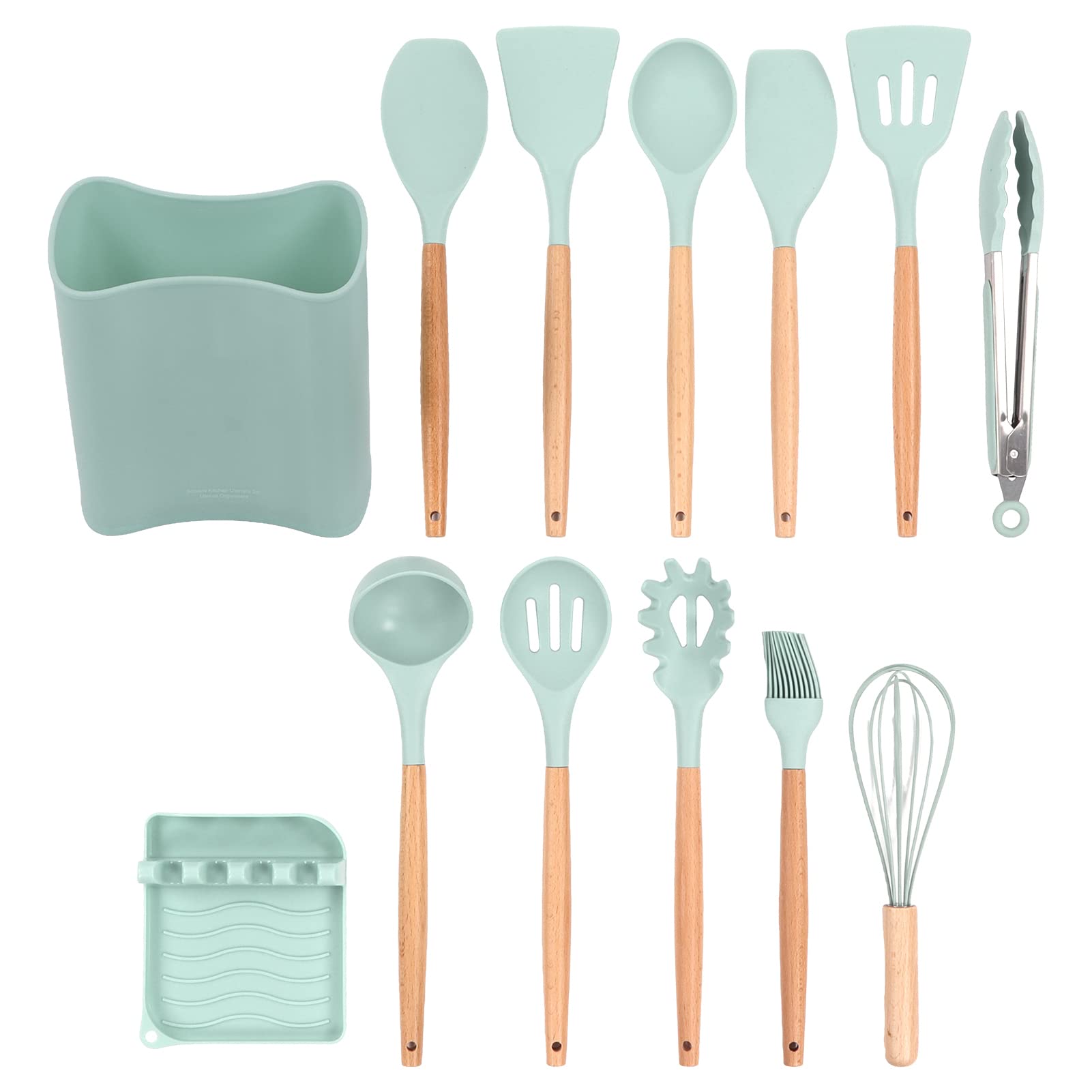 13-Piece Silicone Cooking Utensil Set with Wooden Handles & Holder - Safe for Nonstick Cookware, Heat Resistant Kitchen Tools for Baking, Frying & Everyday Cooking