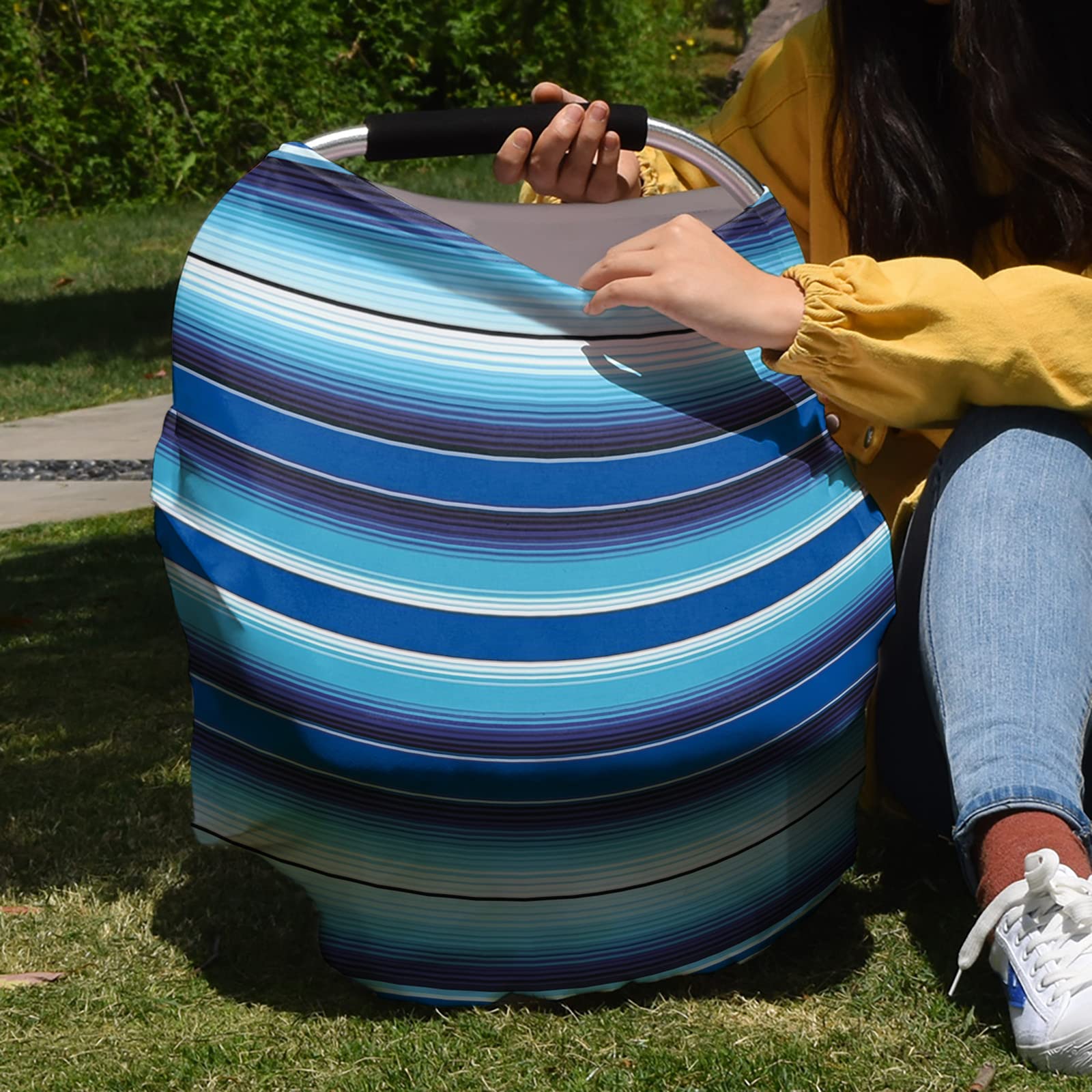Mexico Style Baby Car Seat Covers - Soft Stretchy Nursing Cover & Stroller Canopy in Light Blue Stripes for Infant Girls & Boys | Perfect for Breastfeeding, Shopping Cart & Car Seat Protection
