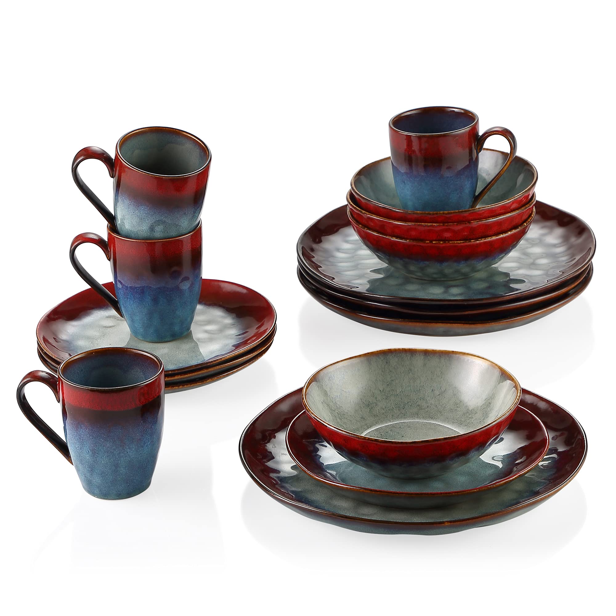 Vancasso Starry 48-Piece Red Round Stoneware Dinner Set | Reactive Glaze Dinnerware Set with 12 Dinner Plates, Dessert Plates, Bowls & Mugs | Elegant Table Setting for Holidays, Parties & Everyday Dining