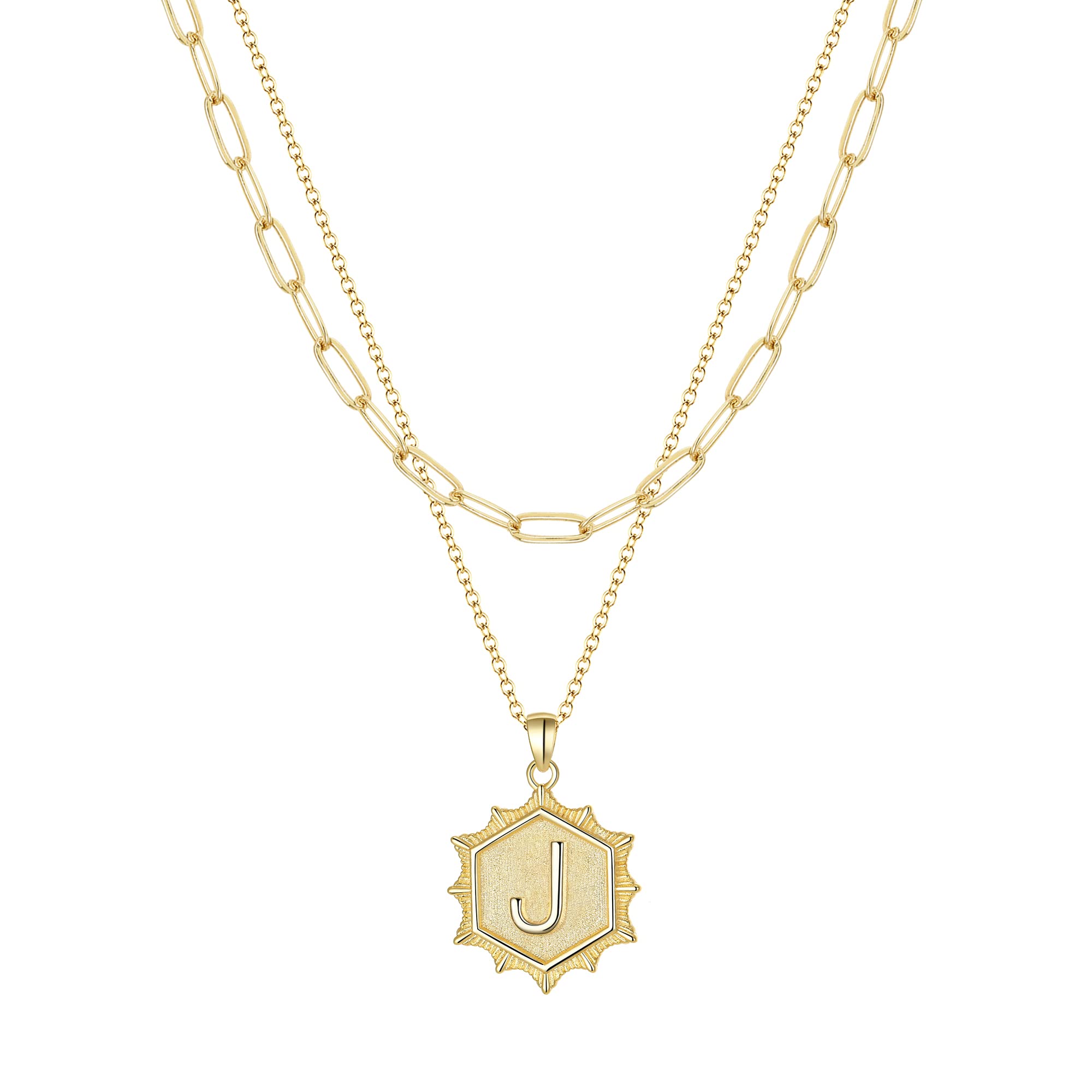EVER FAITH Layered Initial Pendant Choker Necklace for Women - Simple Cute Hexagon Letter Paperclip Chain Jewelry Gift for Her | Birthday, Anniversary, Valentine's Day Present