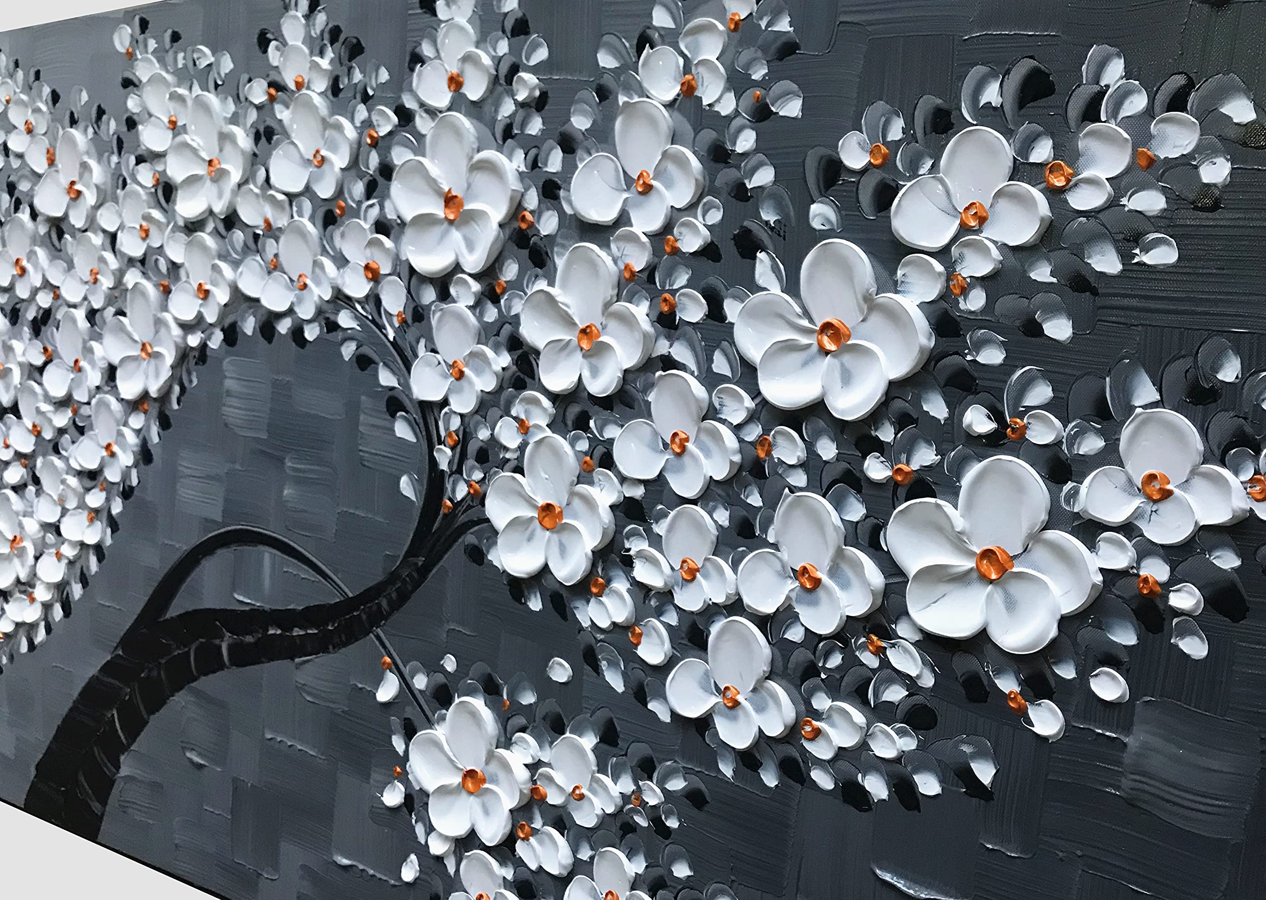 JELRINR Handmade Original Large Contemporary Oil Painting on Canvas - White Flower Tree Abstract Wall Art for Living Room Decor (24x60 Inches) | Perfect for Modern Home, Office & Gallery Display