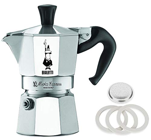 Bialetti Moka Express 1-Cup Stovetop Espresso Maker (2.0 fl oz/60ml) with Replacement Filter & 3 Gaskets - Authentic Italian Coffee Maker for Home, Office, Camping & Travel