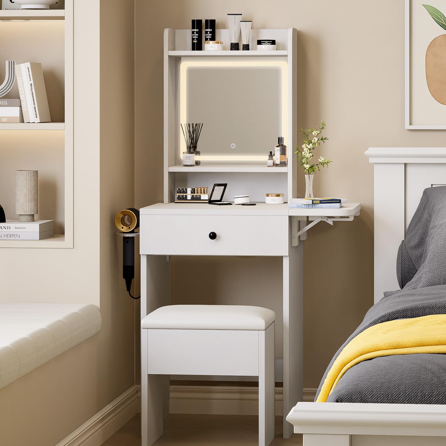 Oneinmil Small Makeup Vanity Desk with Adjustable LED Mirror & Chair - 3 Lighting Modes, Compact Dressing Table for Small Spaces, White Bedroom Vanity Set - Perfect for Makeup Application, Skincare Routine & Home Decor