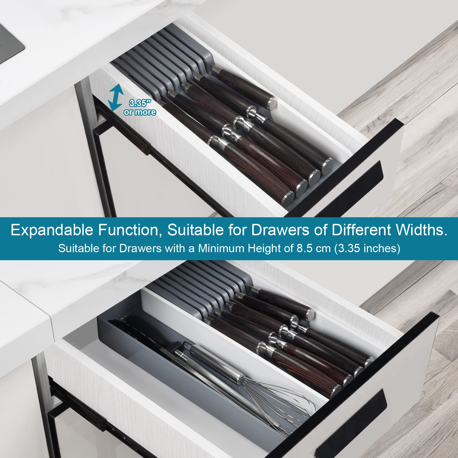 Expandable Drawer Organizer with Knife Block - Adjustable Cutlery Tray for Kitchen Utensils - Stackable Knife Holder with 9 Slots - DIY Drawer Storage Solution (1 Pack) - Perfect for Kitchen Organization and Space Saving