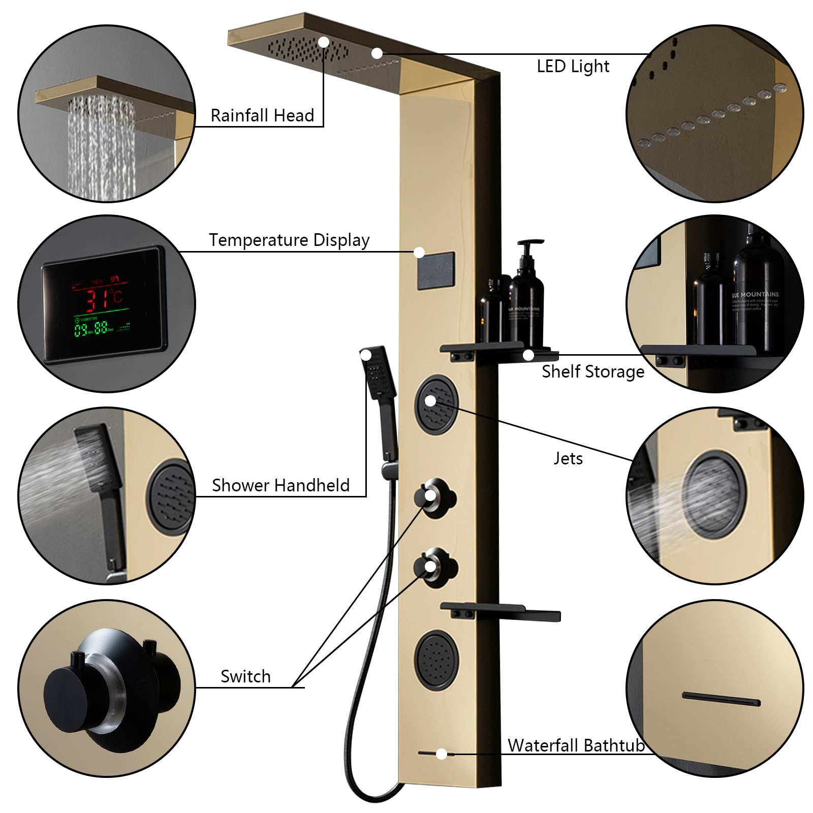 Premium LED Gold Shower Tower System - 304 Stainless Steel Shower Panel with Storage Shelf, Rainfall Shower Head & Massage Body Jets - Luxury Waterfall Bathtub for Modern Bathroom & Lavatory (Perfect for Spa-Like Relaxation & Elegant Home Upgrade)