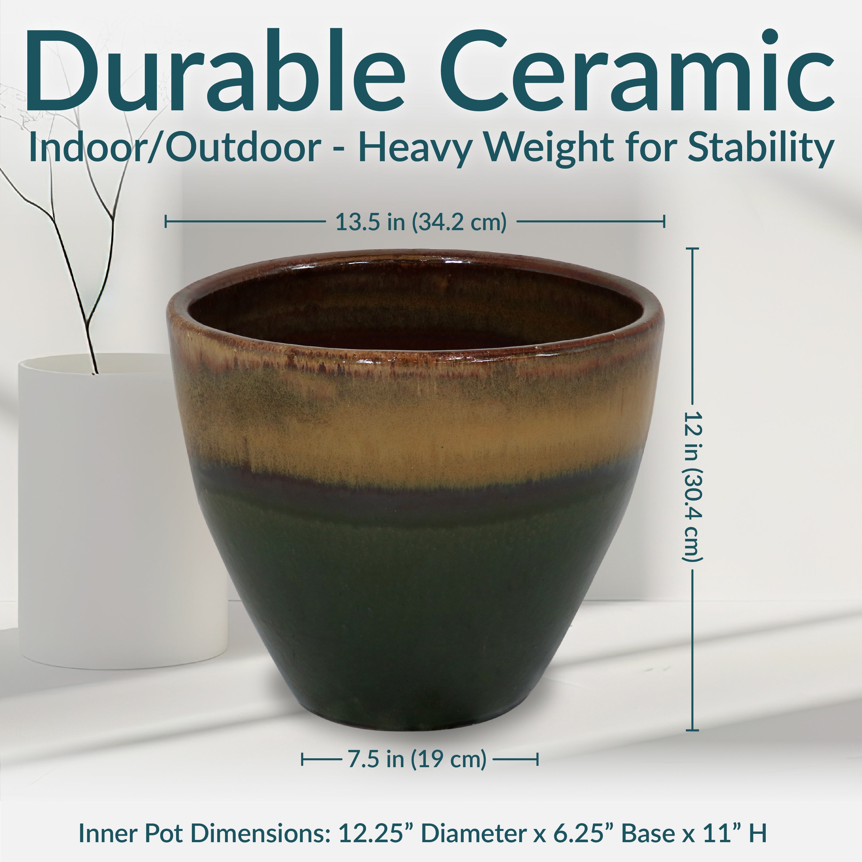 Sunnydaze Resort Round Glazed Ceramic Planter with Drainage Hole - Outdoor Garden Flower Pot for Patio, Deck & Balcony Decor